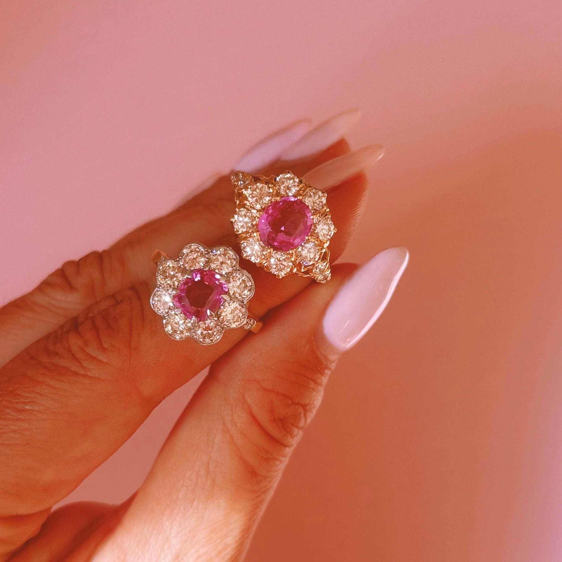 18ct gold 1.45ct pink sapphire and 1.60ct old cut diamond flower ring