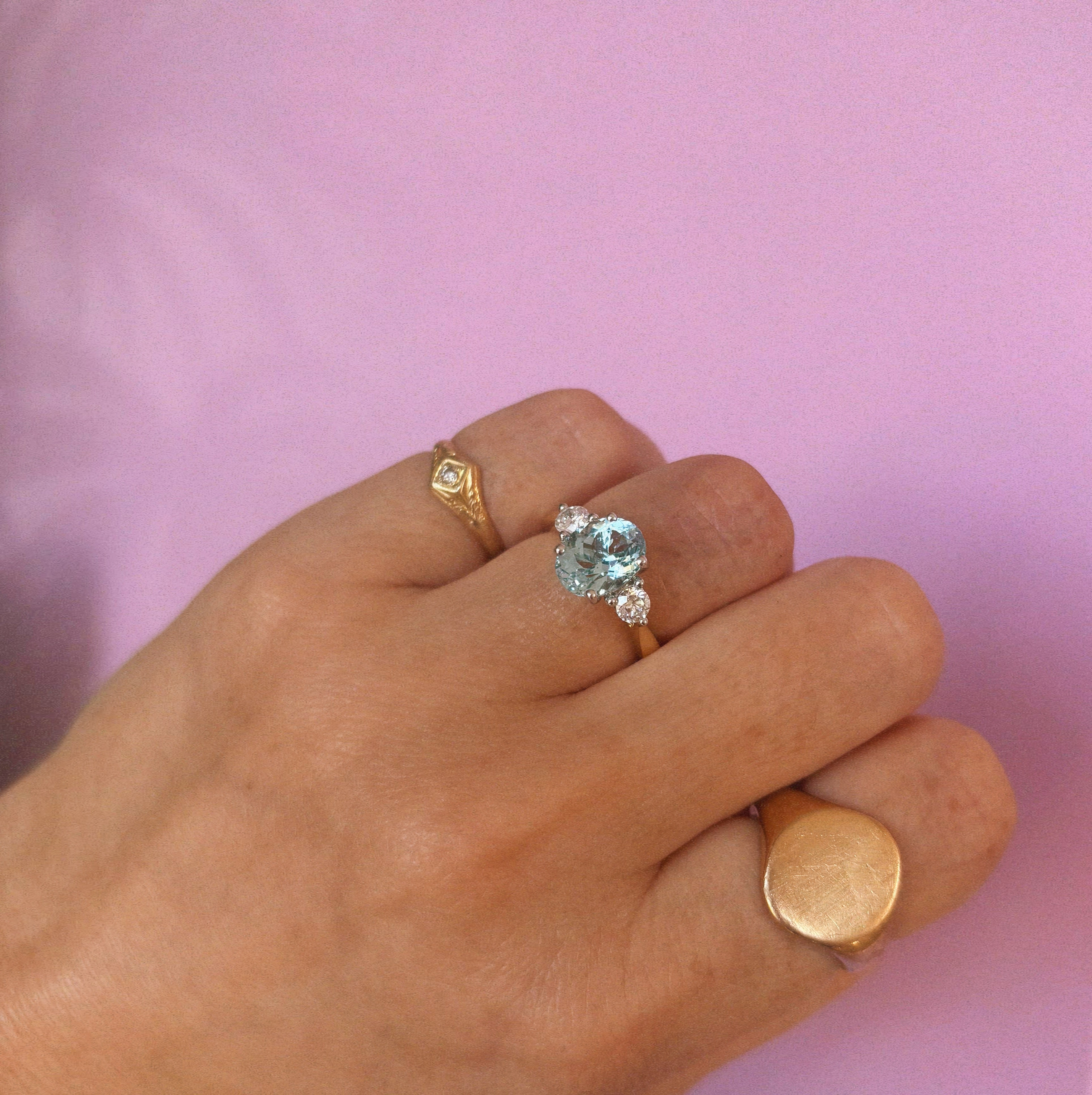 18ct gold 2.03ct aquamarine and 0.33ct diamond three stone ring (Made to order)