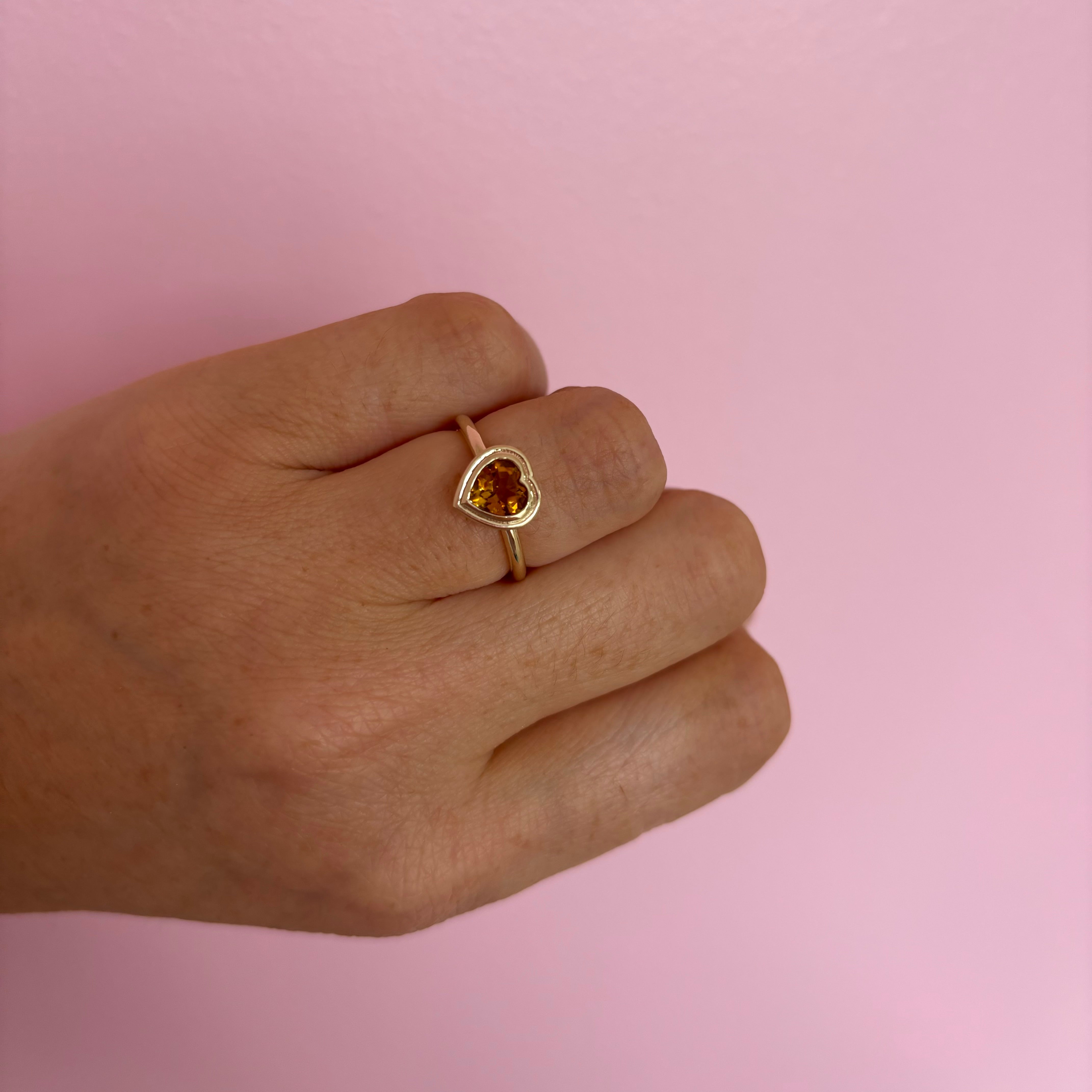 9ct gold double bezel set heart-shaped citrine ring