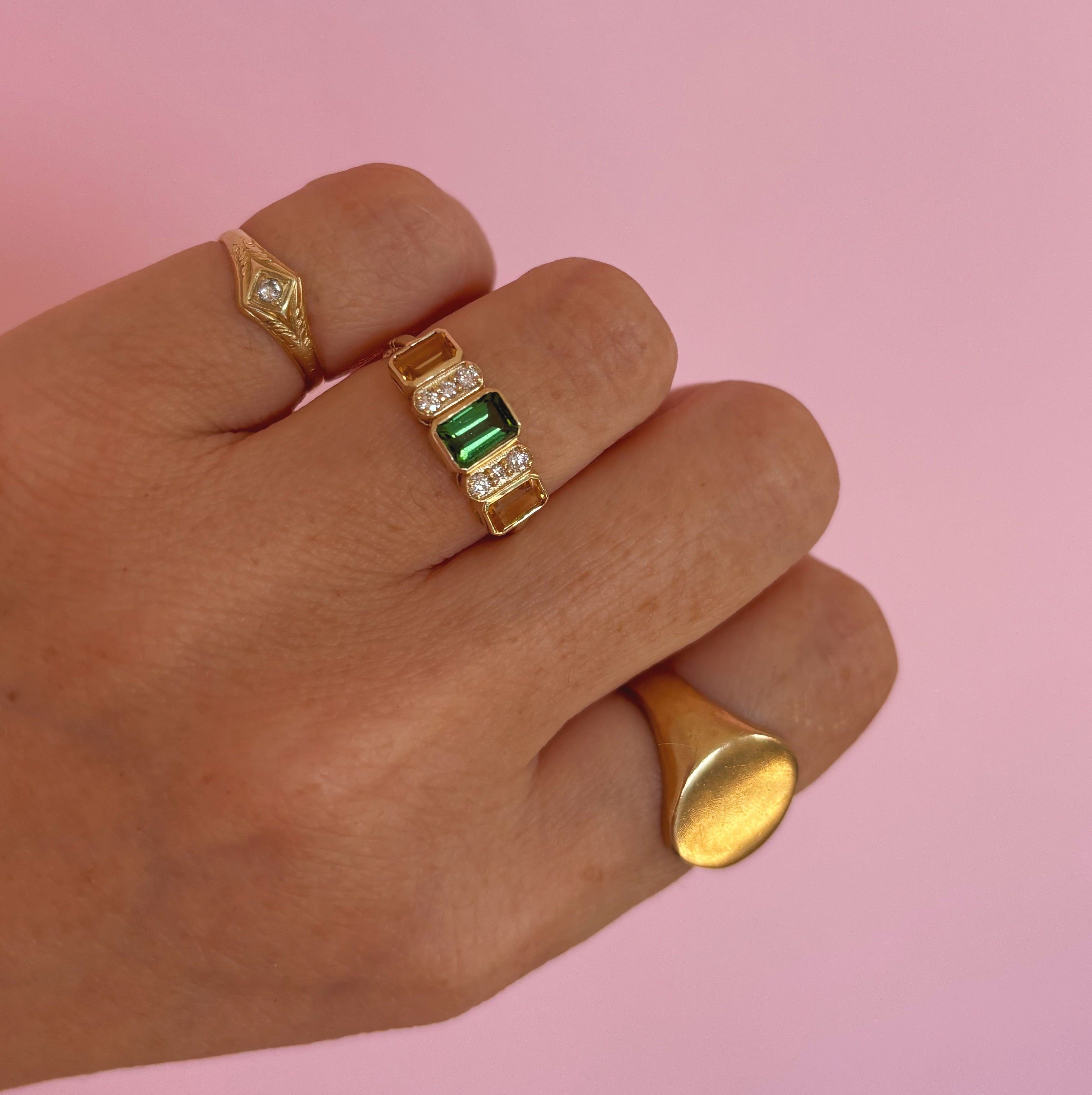9ct gold green tourmaline, citrine and diamond ring (made to order)