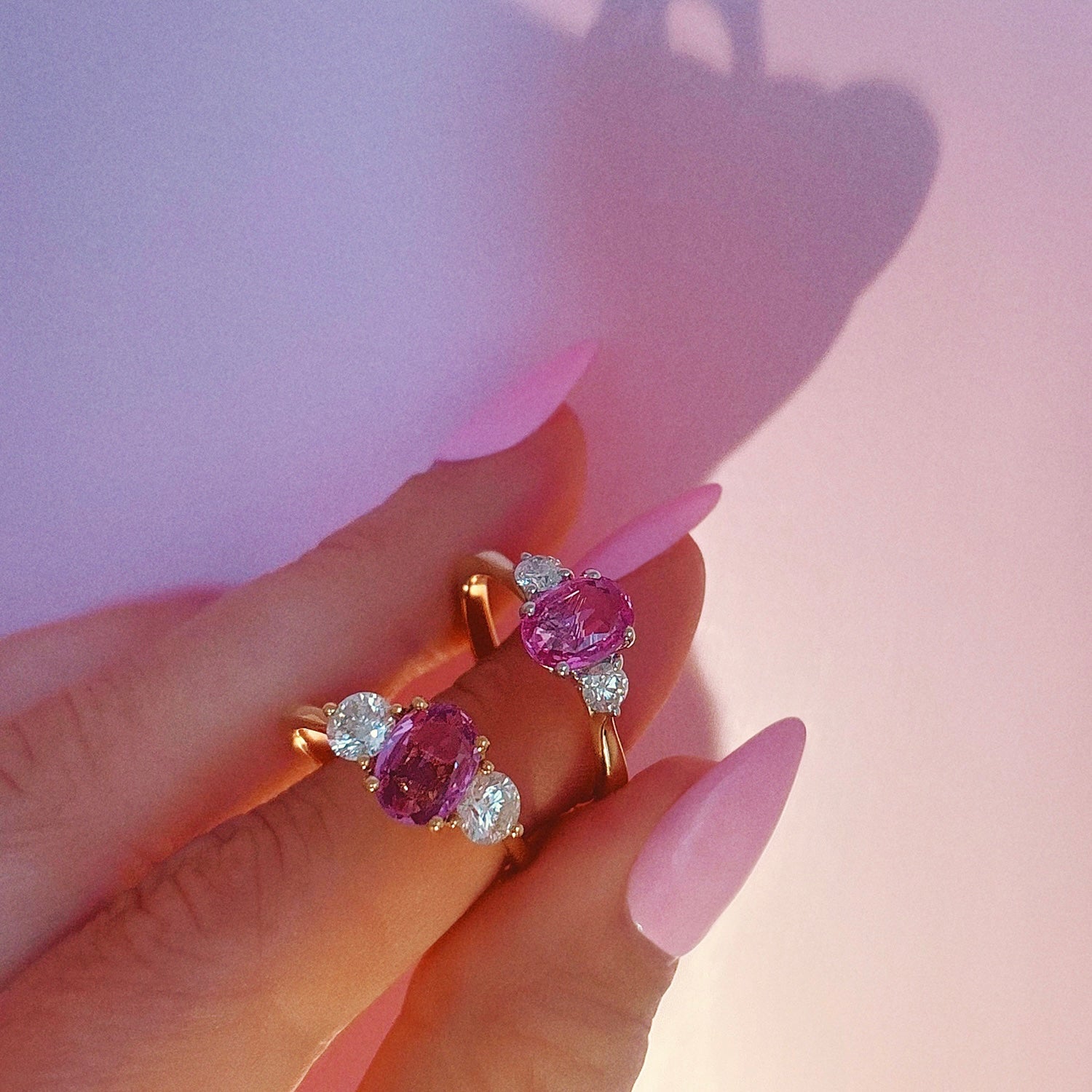 18ct gold 1.22ct pink sapphire and 0.25ct diamond three stone ring