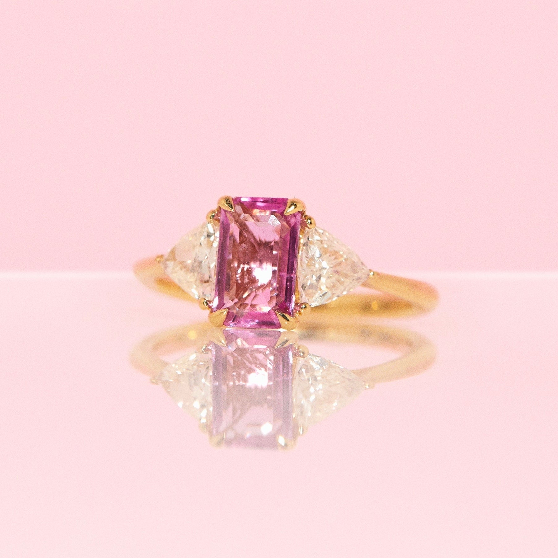18ct gold pink sapphire and diamond three stone ring (made to order)