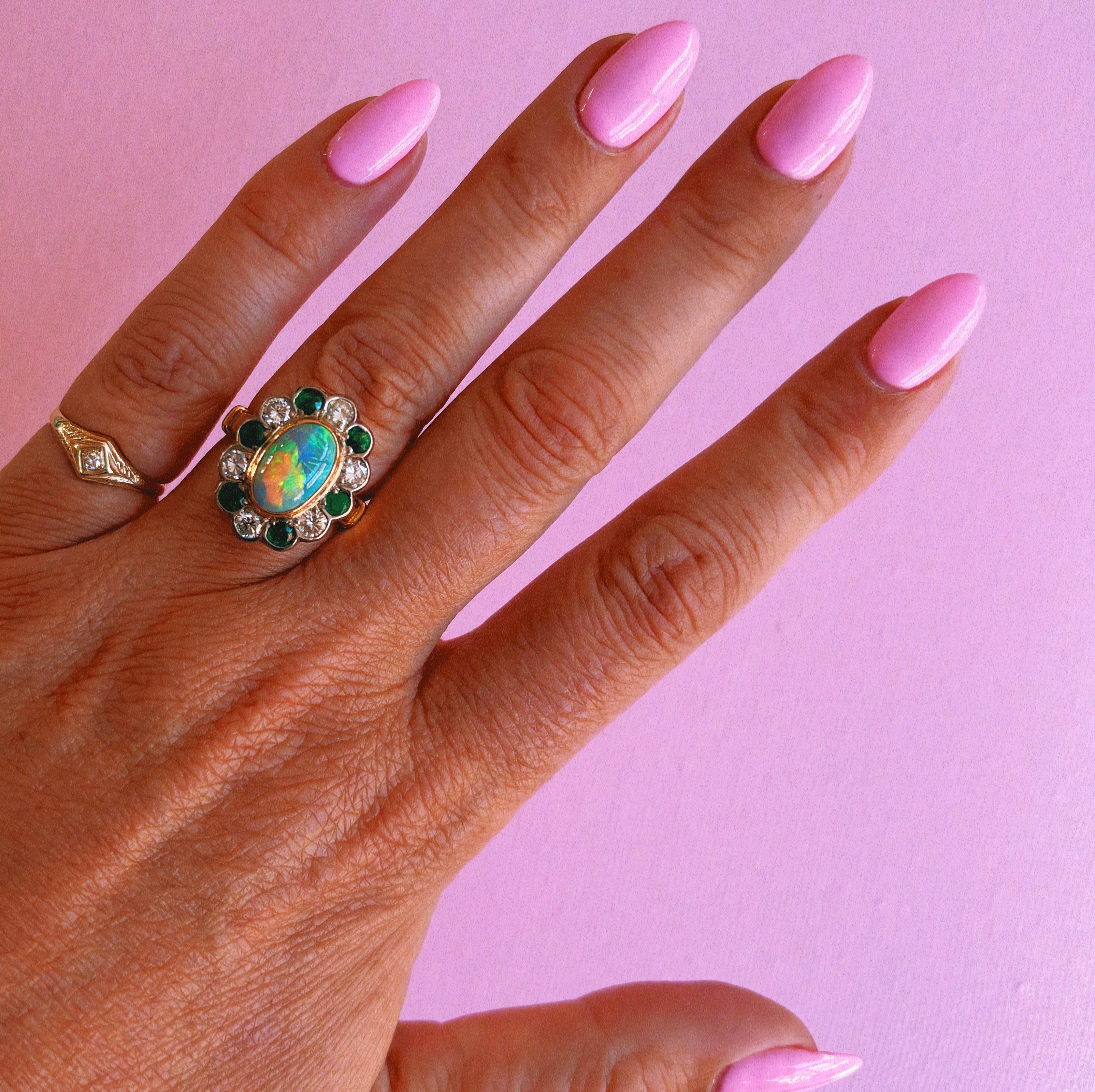 18ct gold bezel set Australian opal, Columbian emerald and diamond cluster ring