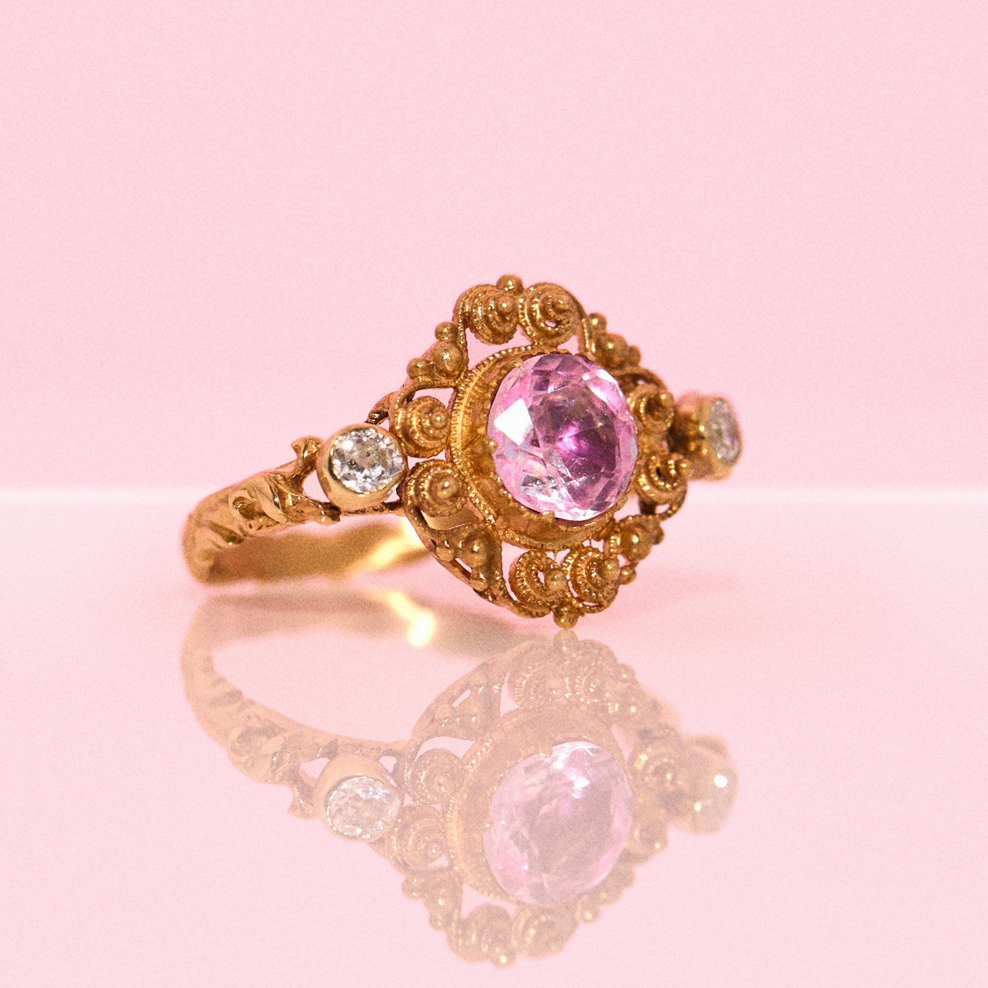 15ct gold pink topaz and diamond pin conversion antique ring
