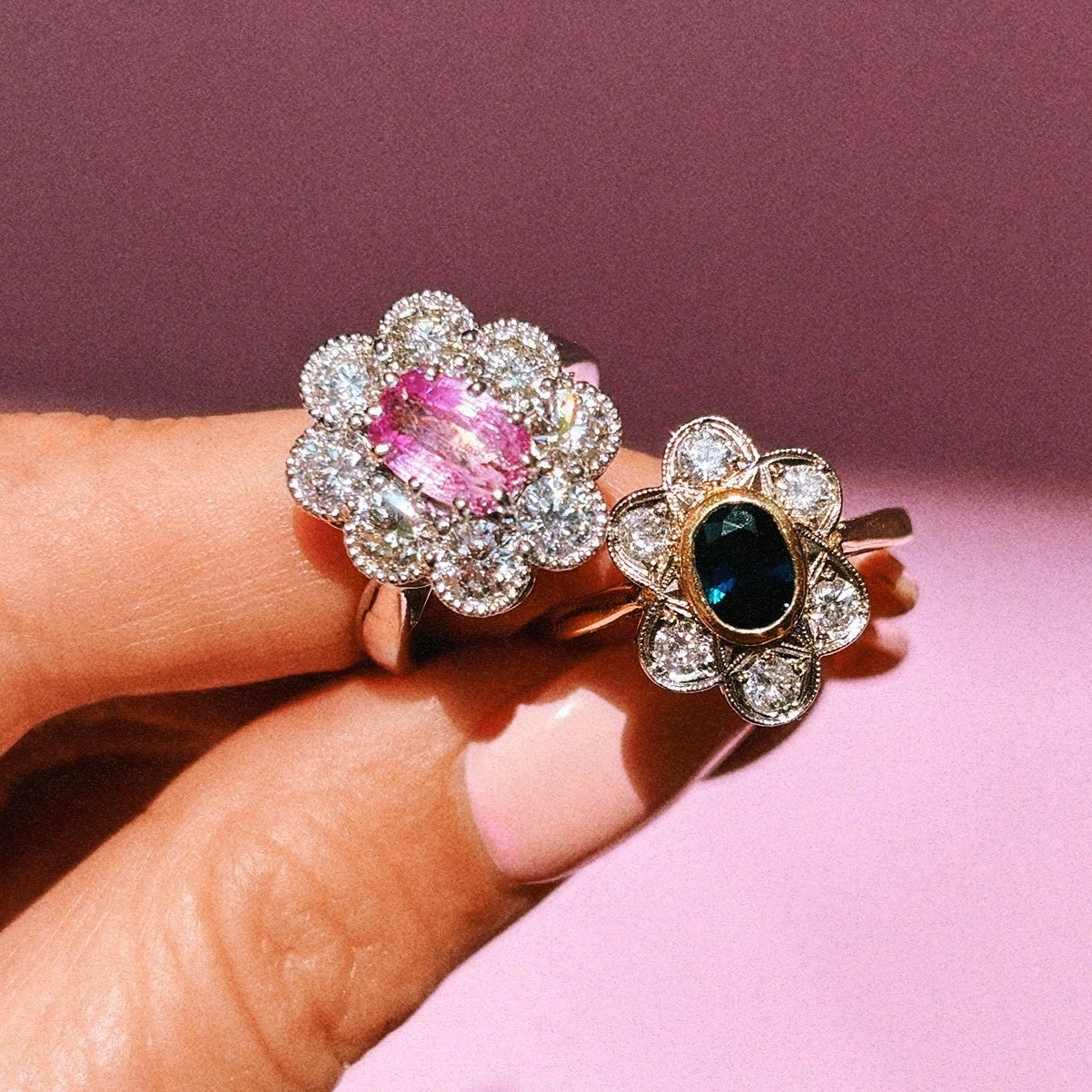 18ct white gold 1.84ct pink sapphire and diamond cluster ring