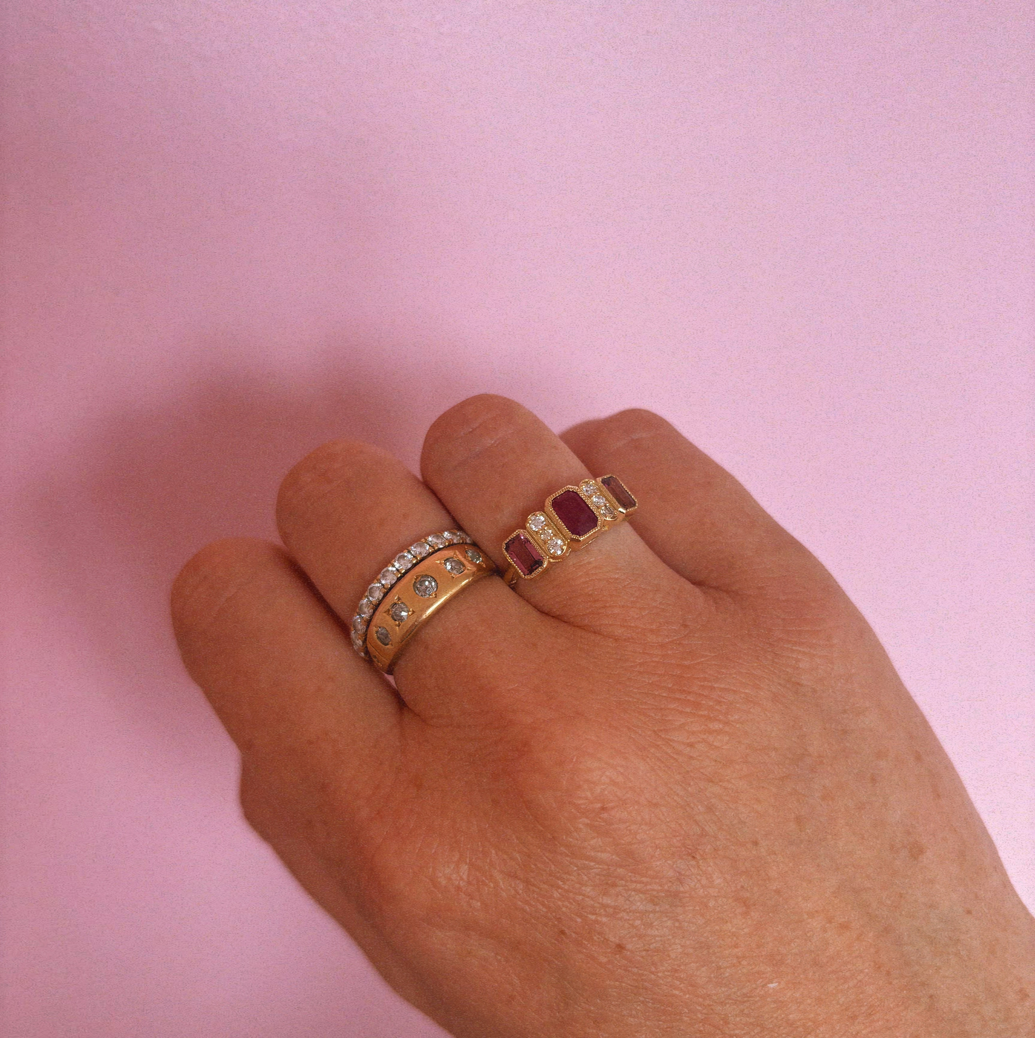 18ct gold ruby, pink sapphire and diamond ring