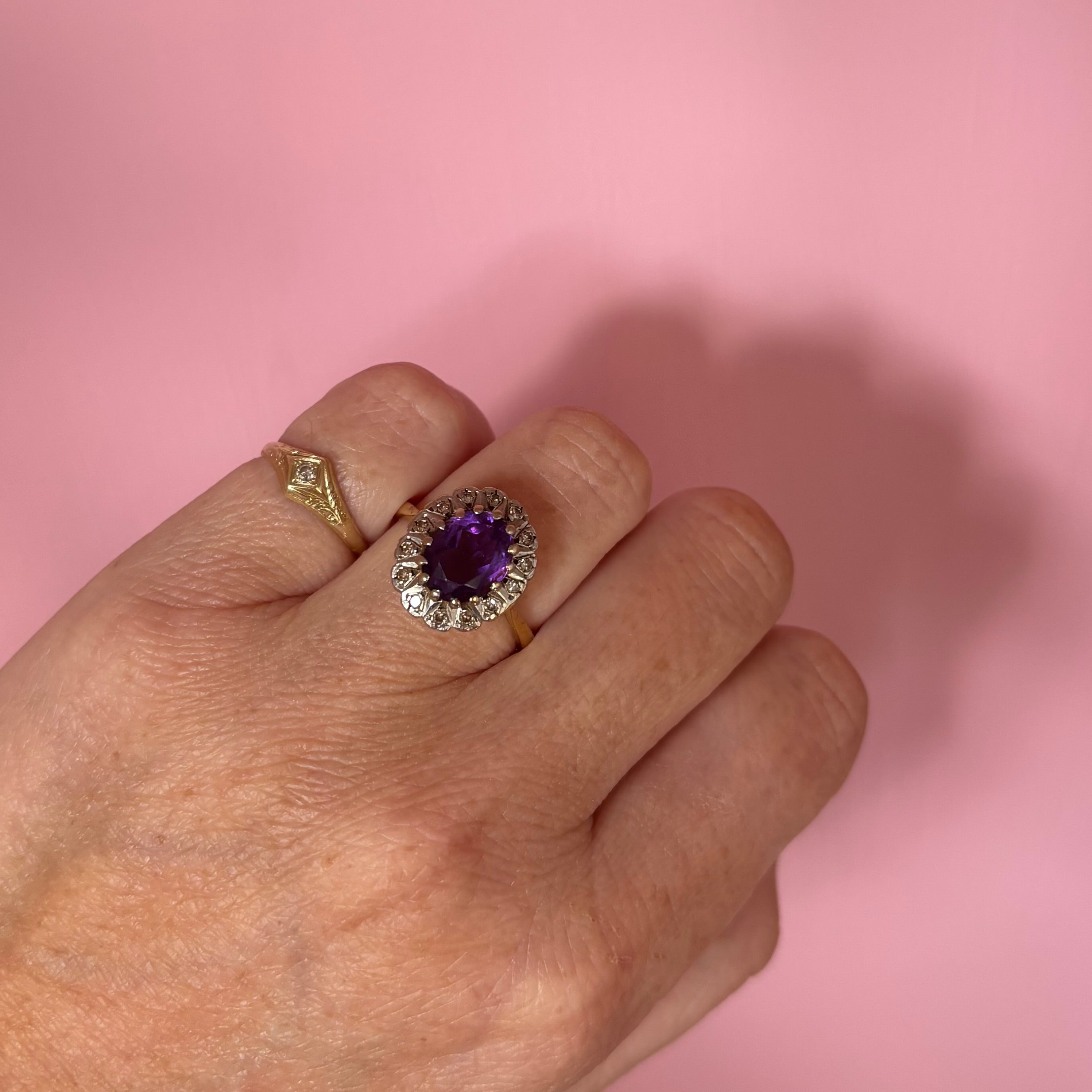 18ct gold amethyst and diamond cluster ring