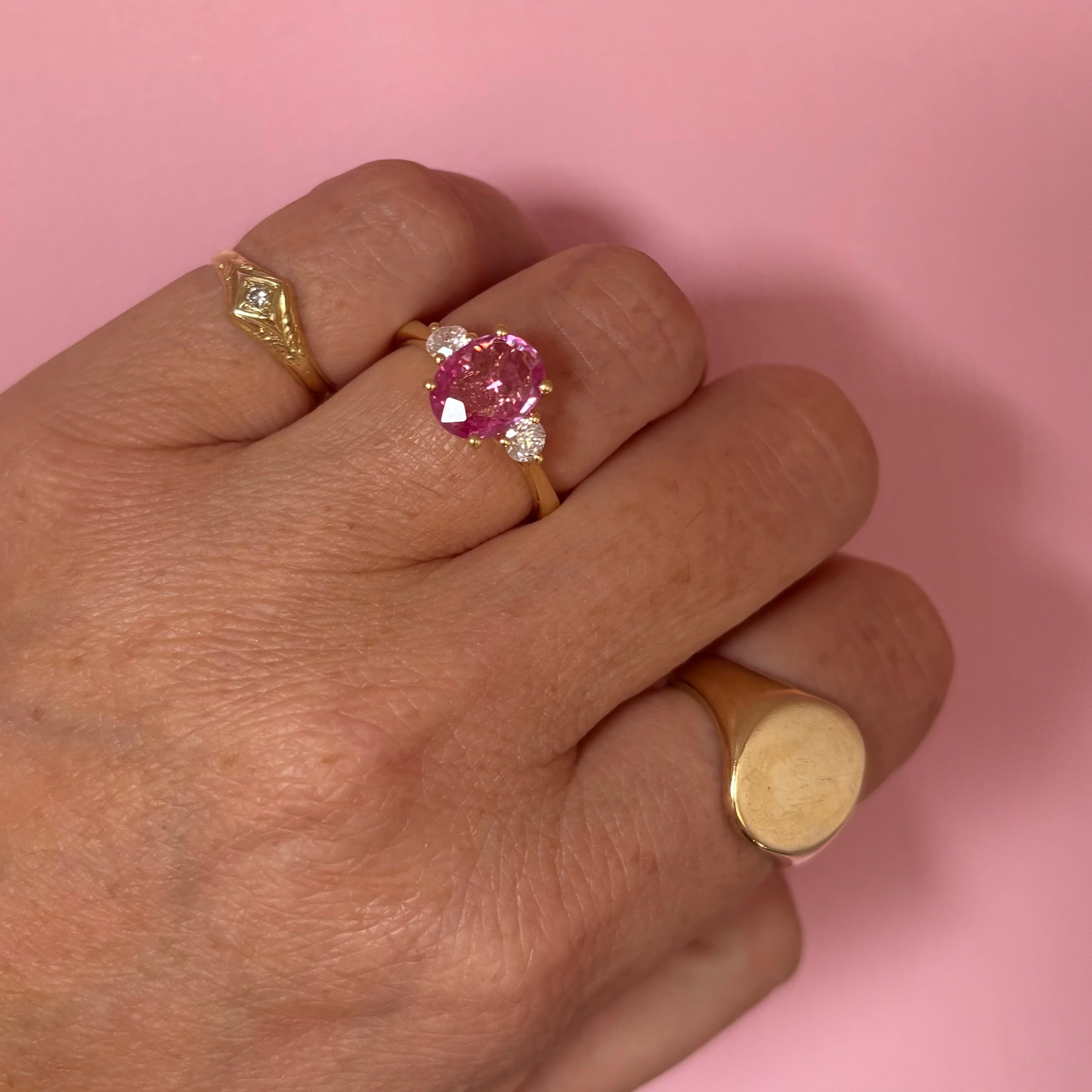 18ct gold 1.93ct pink sapphire and diamond three stone ring (made to order)