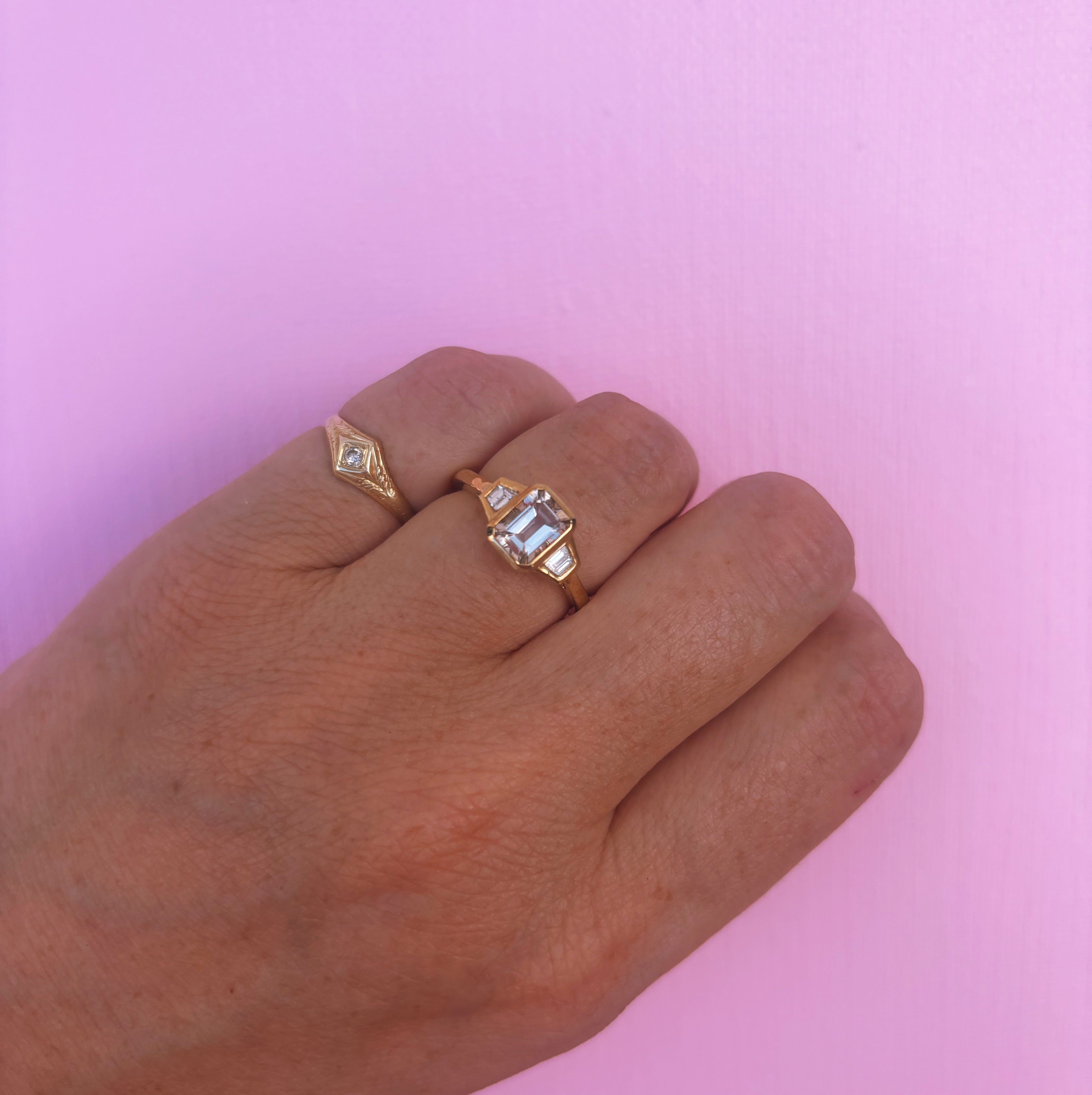 9ct gold emerald cut 0.74ct morganite and 0.22ct diamond ring