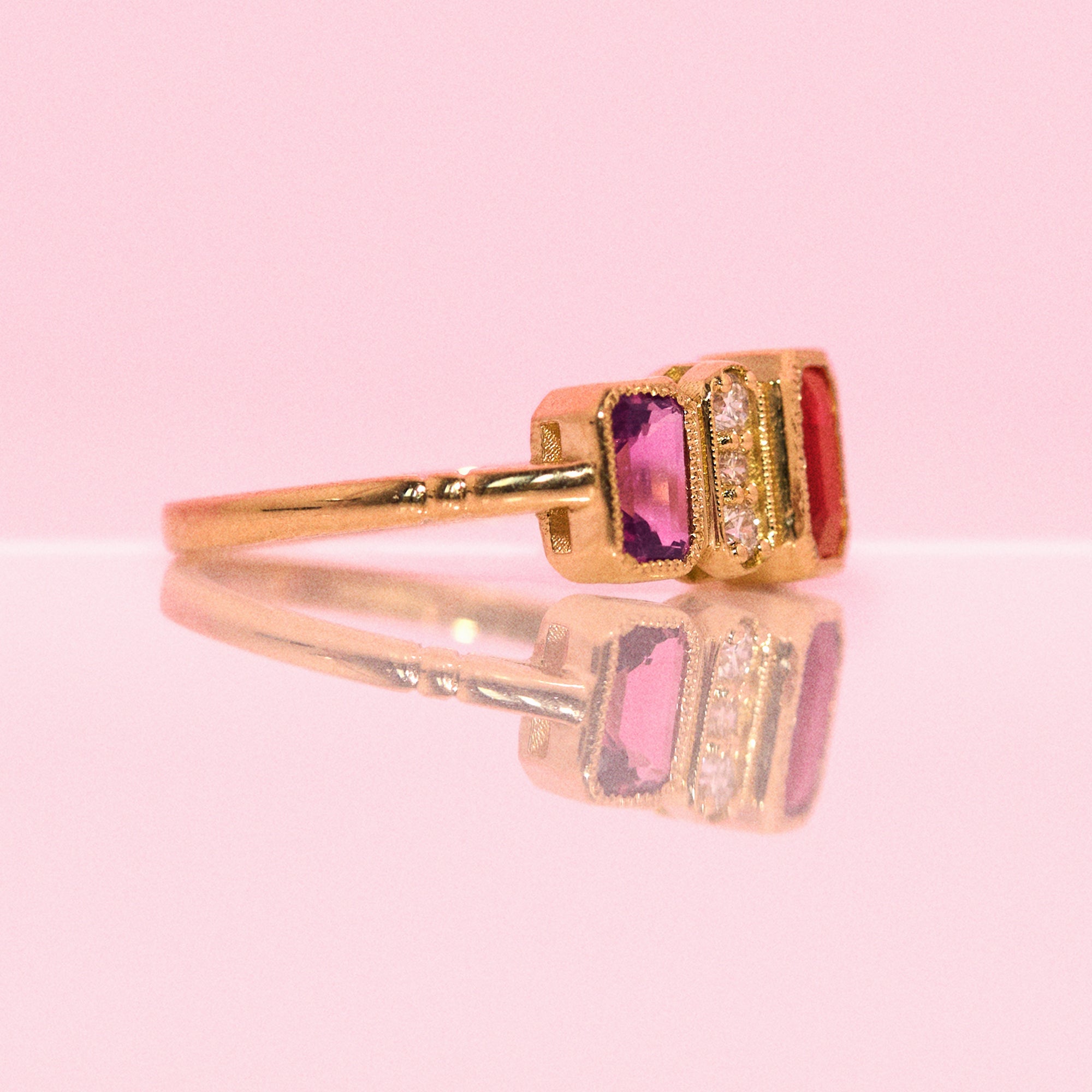 18ct gold ruby, pink sapphire and diamond ring