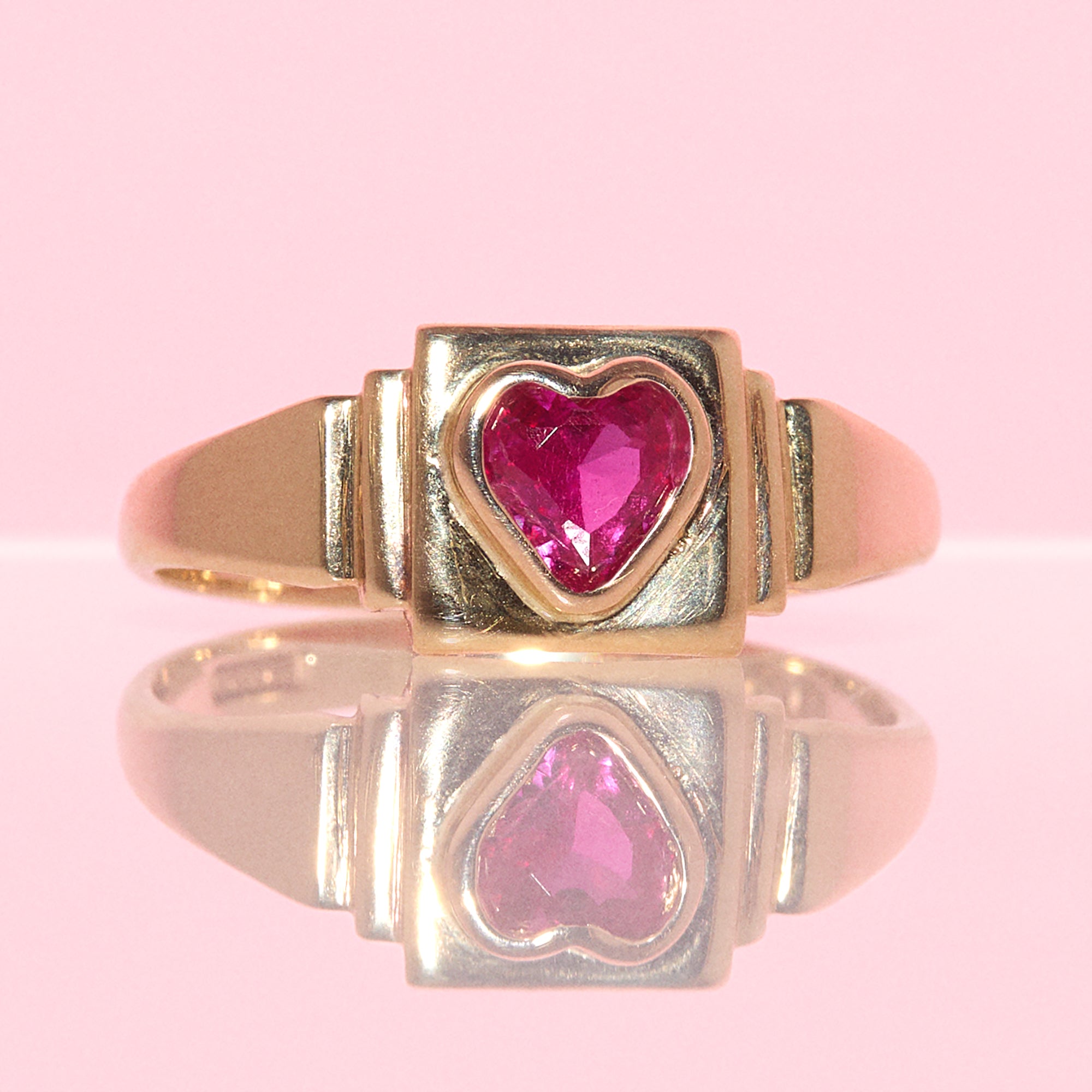 9ct gold heart shaped pink ruby vintage pinky ring from 1947