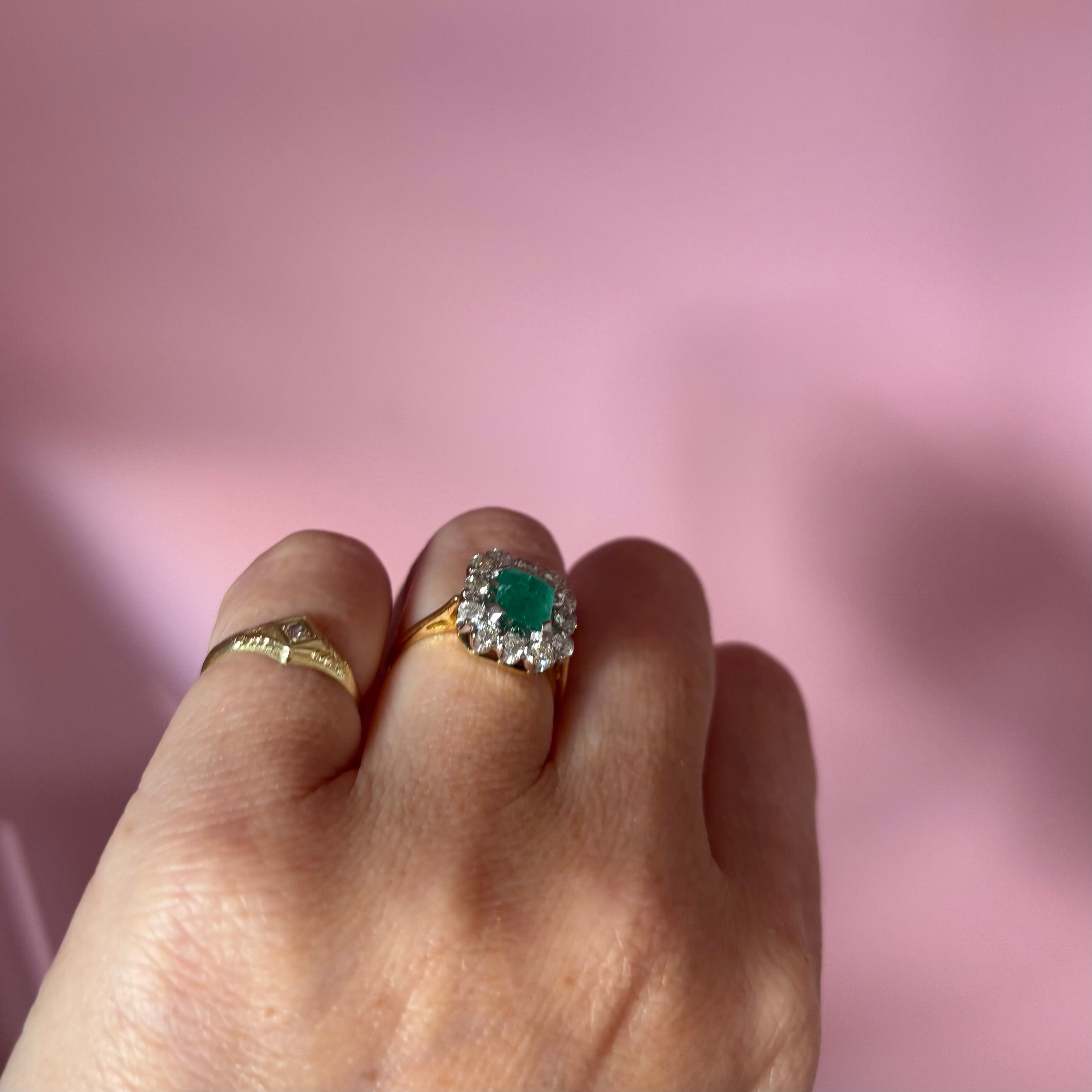 18ct gold emerald and diamond cluster ring