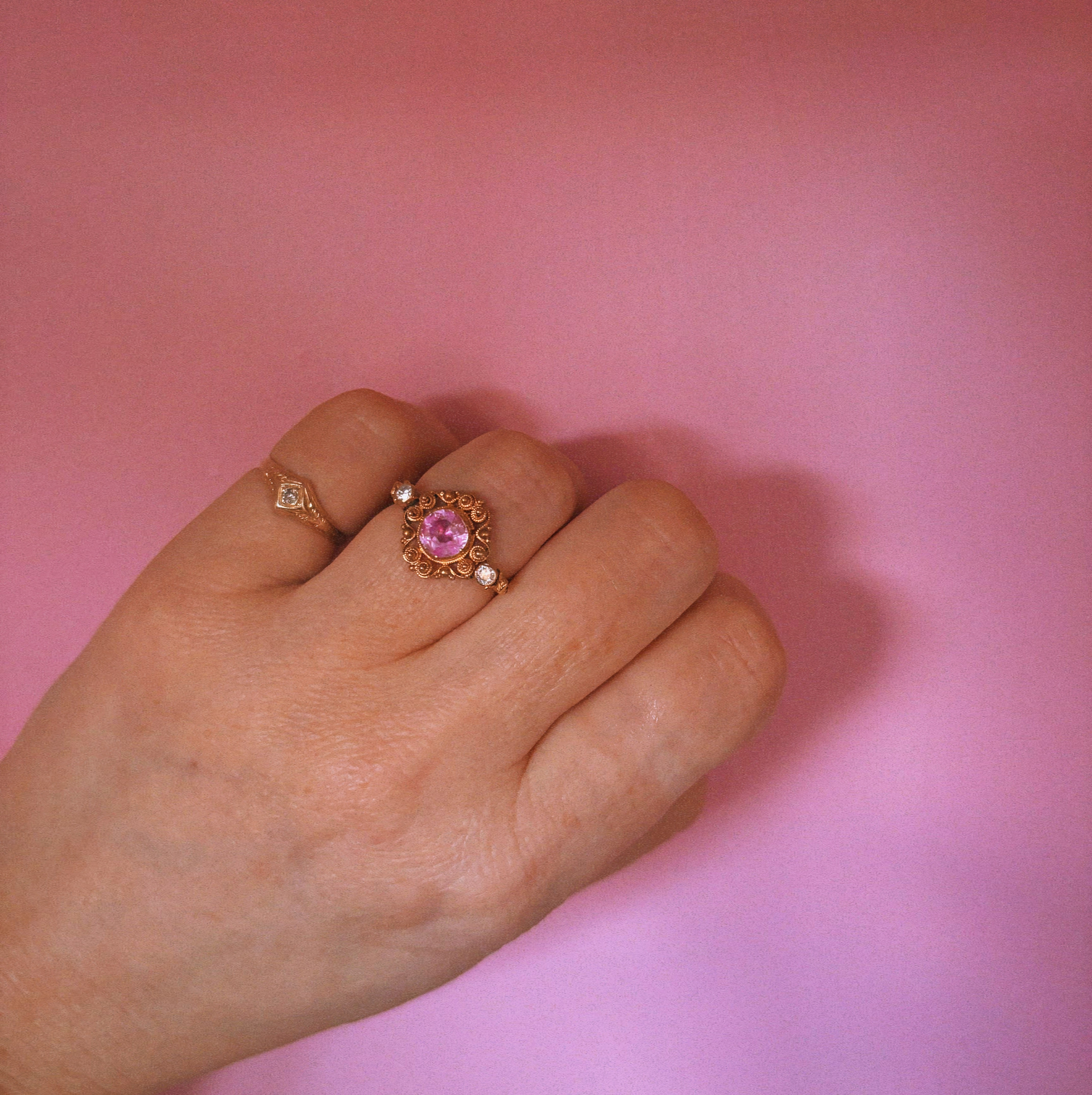 15ct gold pink topaz and diamond pin conversion antique ring