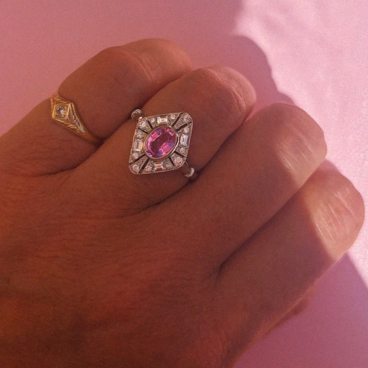 Vintage Platinum pink sapphire and diamond cluster ring