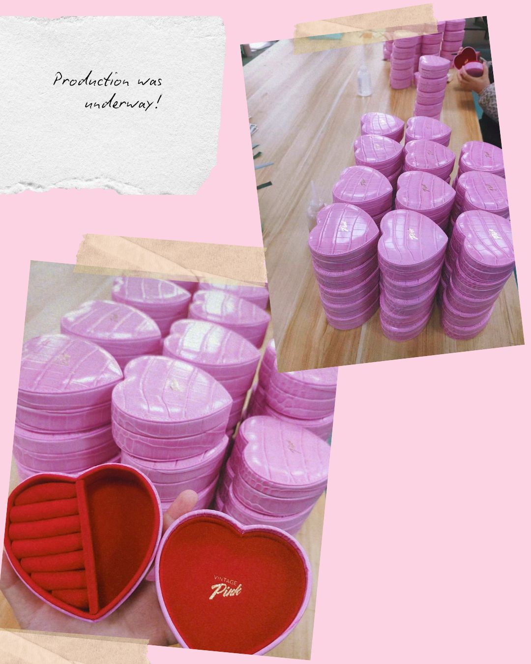 Heart-shaped pink faux croc and red velvet jewellery box