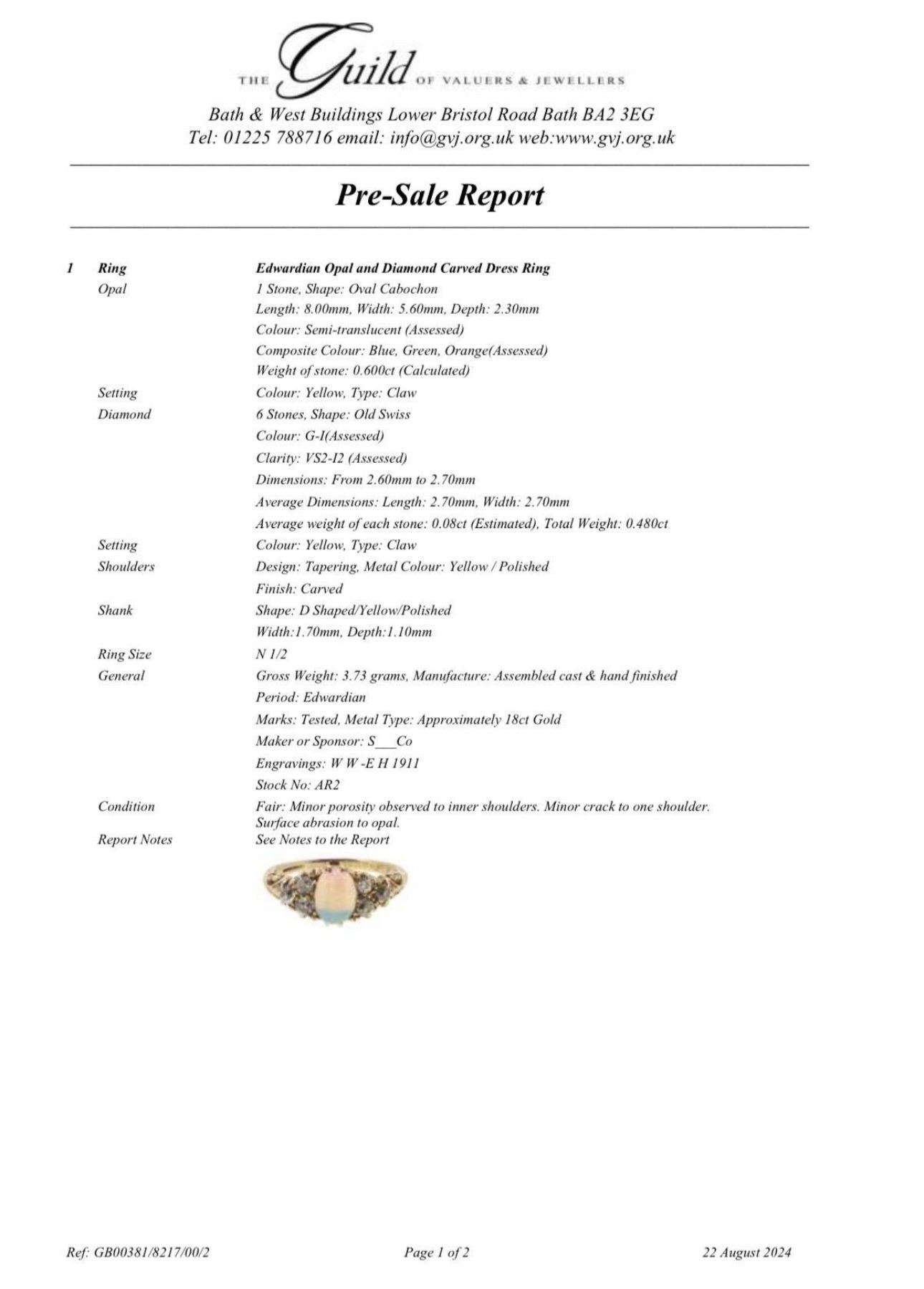 18ct gold opal and diamond Edwardian eye ring