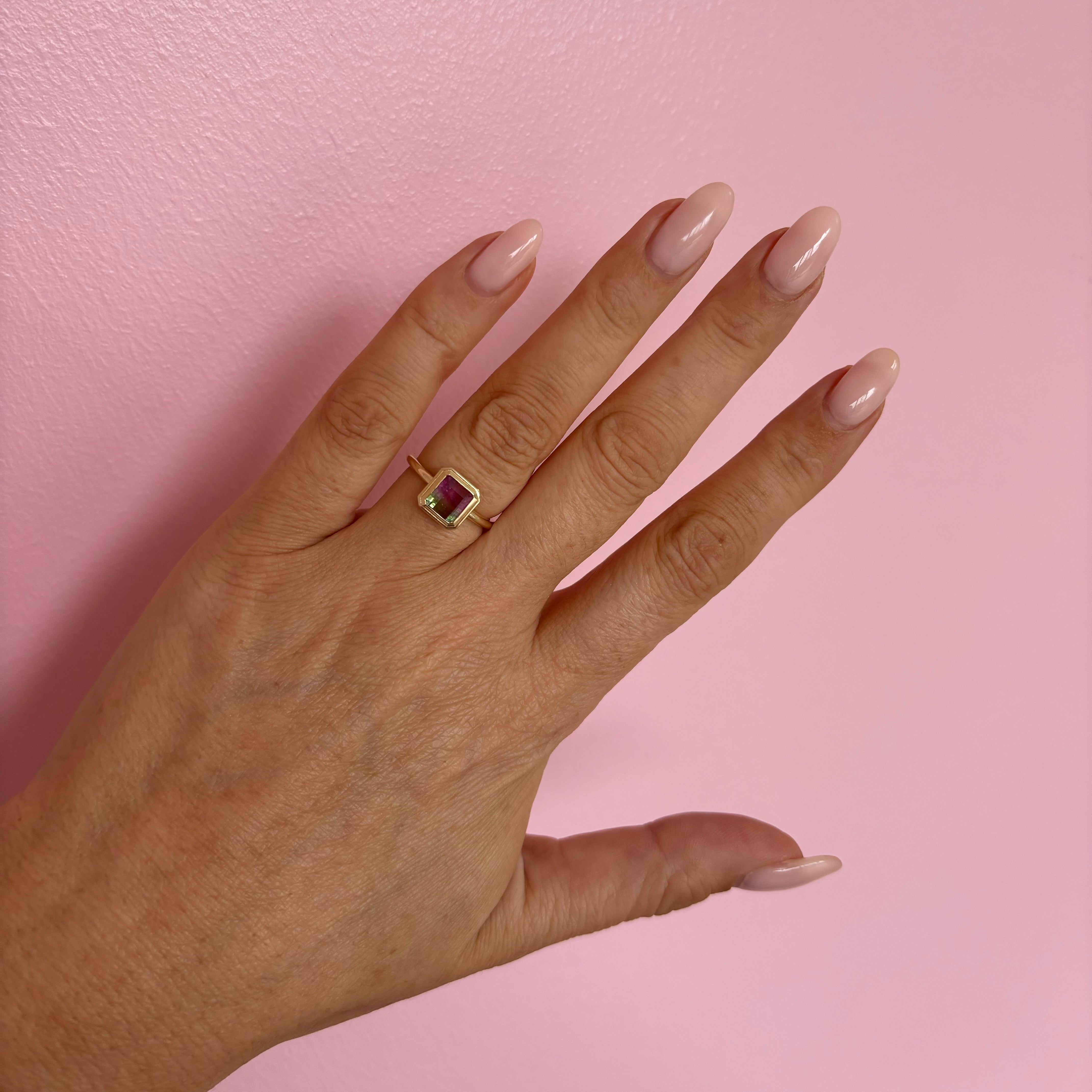 18ct gold double bezel set watermelon tourmaline ring (made to order)