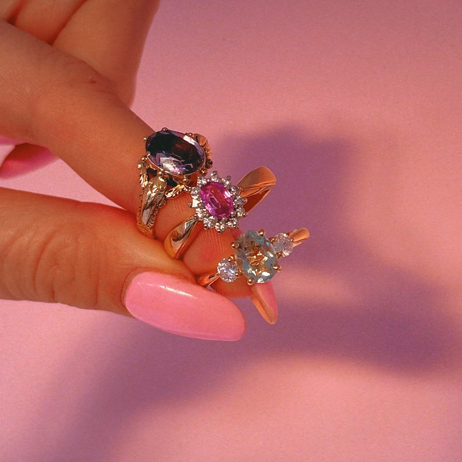 18ct gold pink sapphire and diamond cluster ring