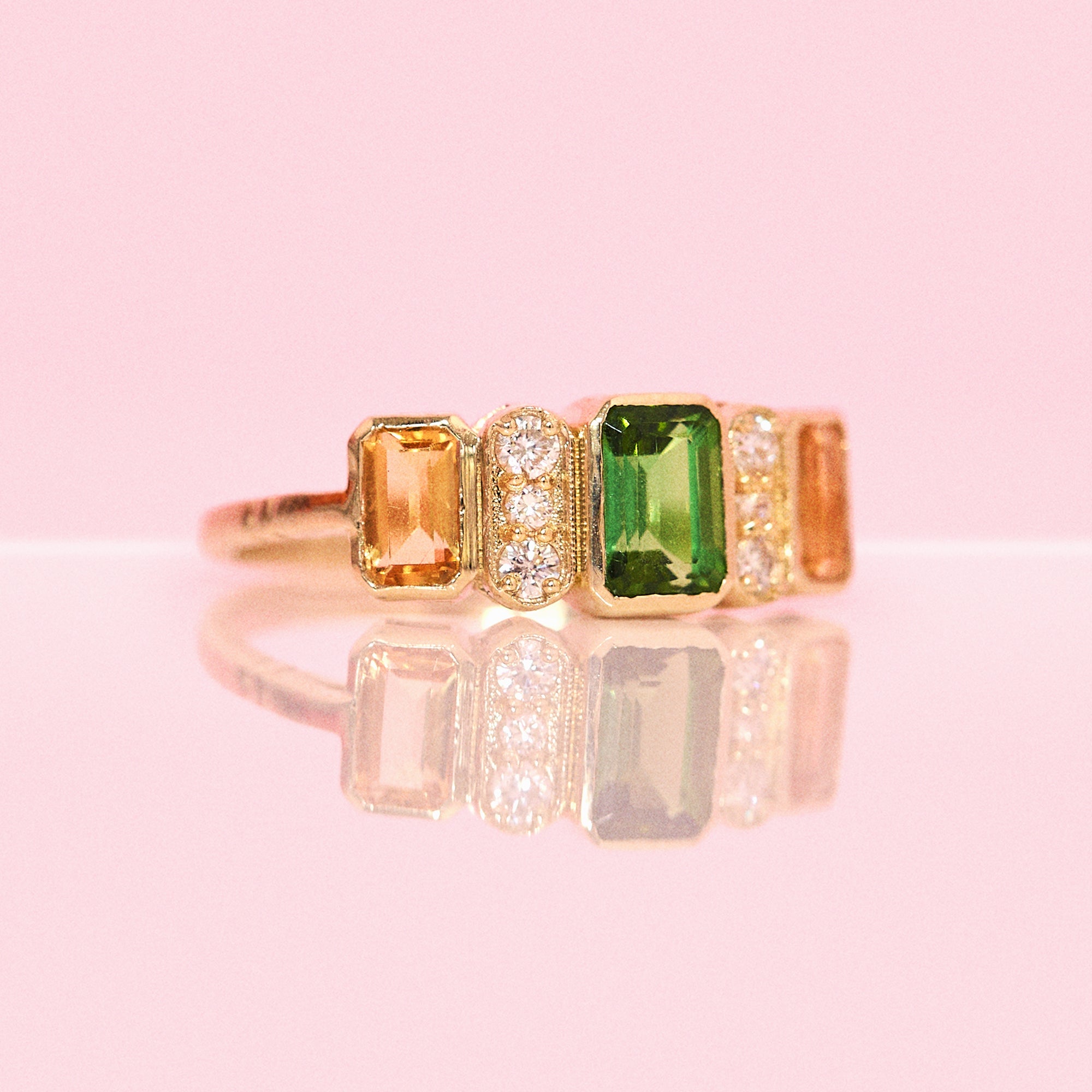 9ct gold green tourmaline, citrine and diamond ring (made to order)