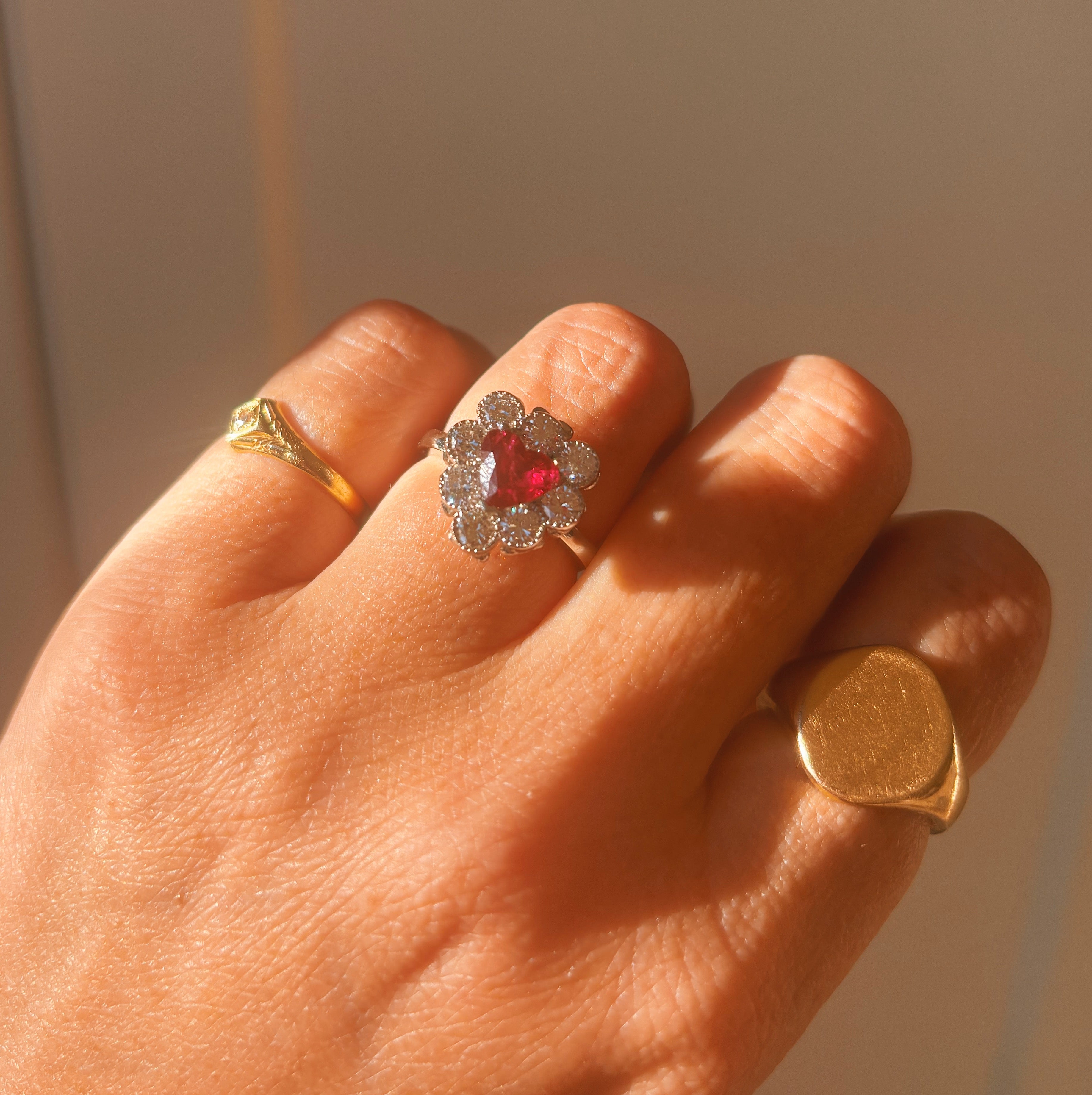 Platinum heart-shaped ruby and diamond vintage earring conversion ring
