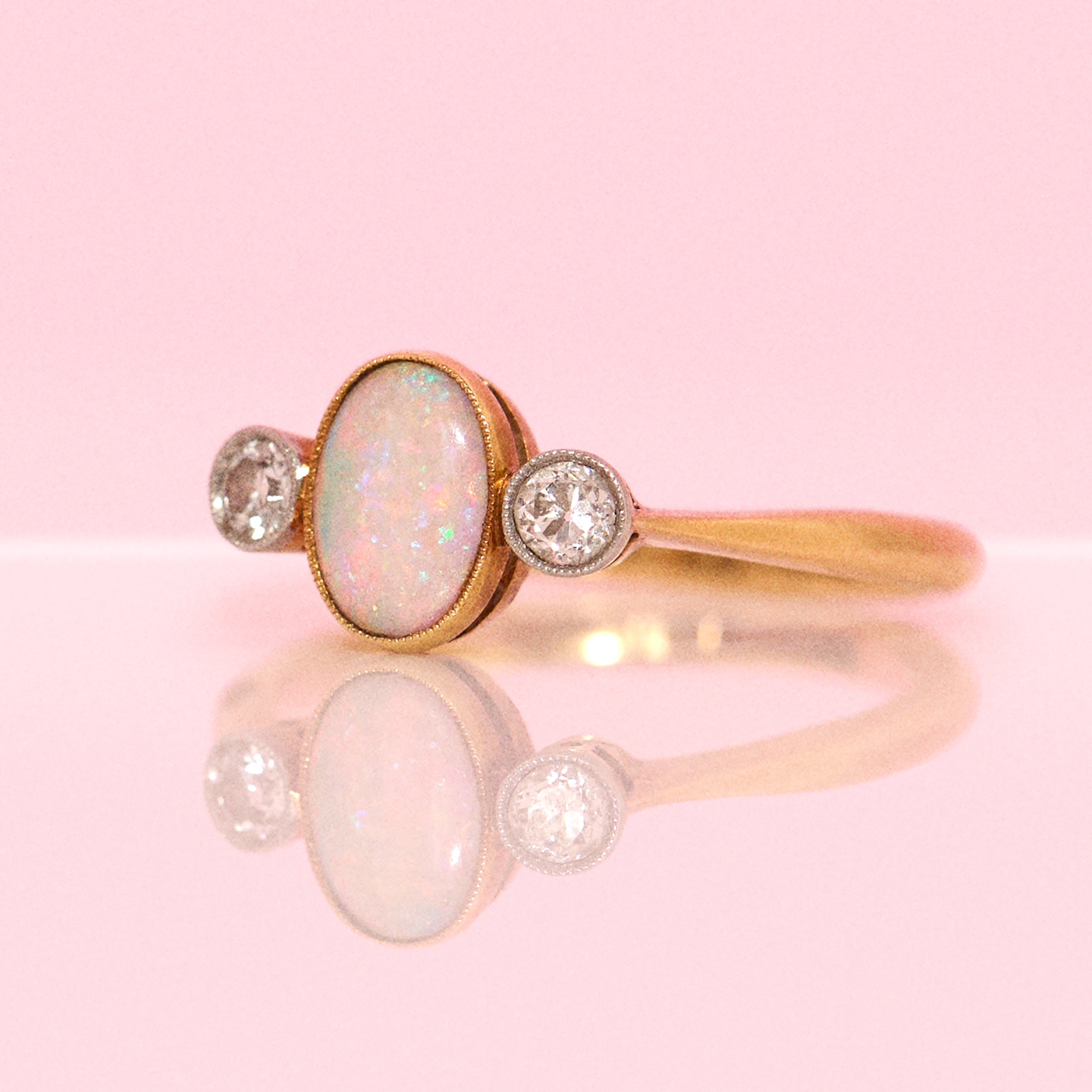 18ct gold Victorian bezel set opal and diamond ring