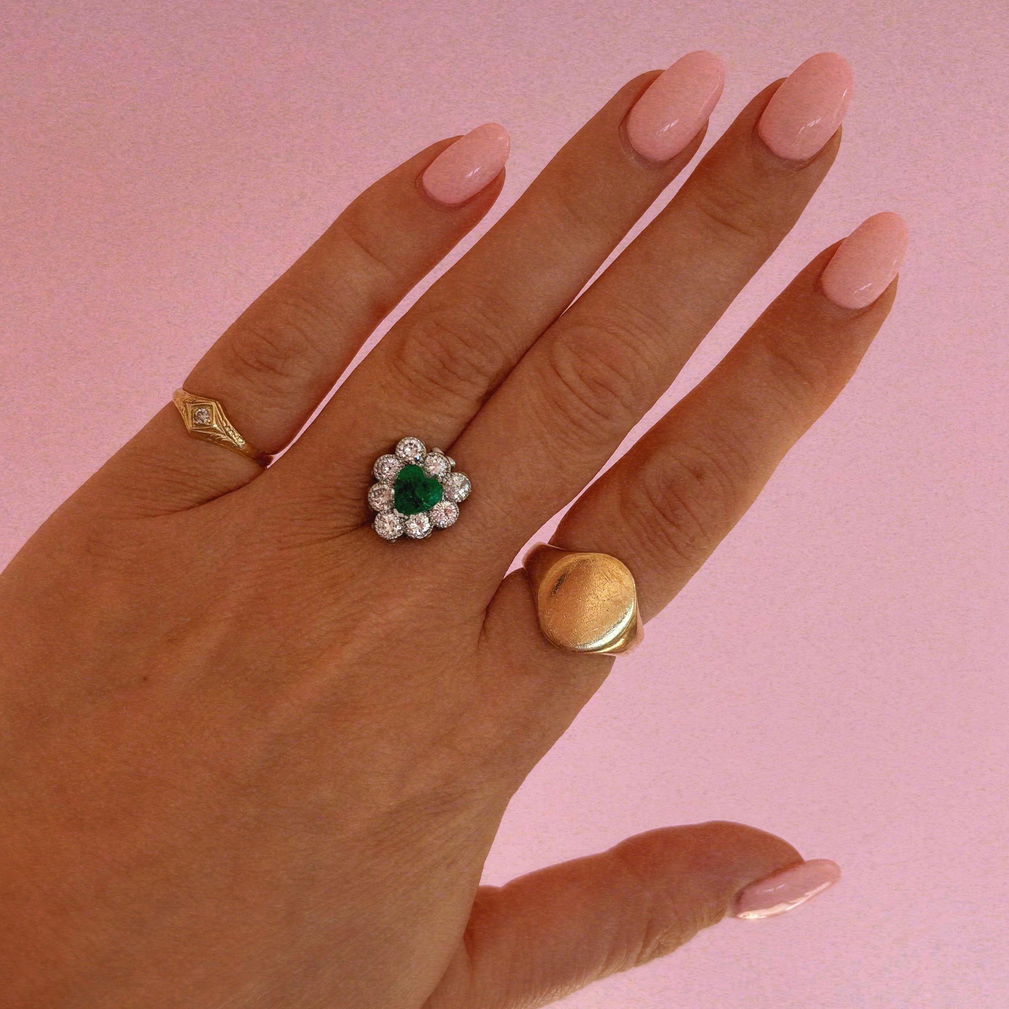 18ct gold heart-shaped emerald and diamond vintage earring conversion ring