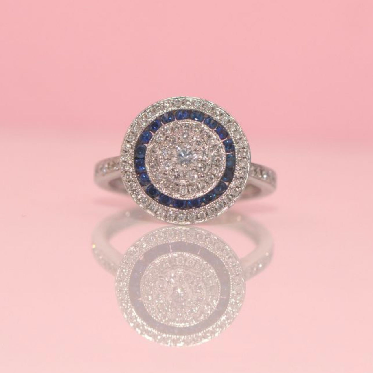 18ct white gold sapphire and diamond target ring