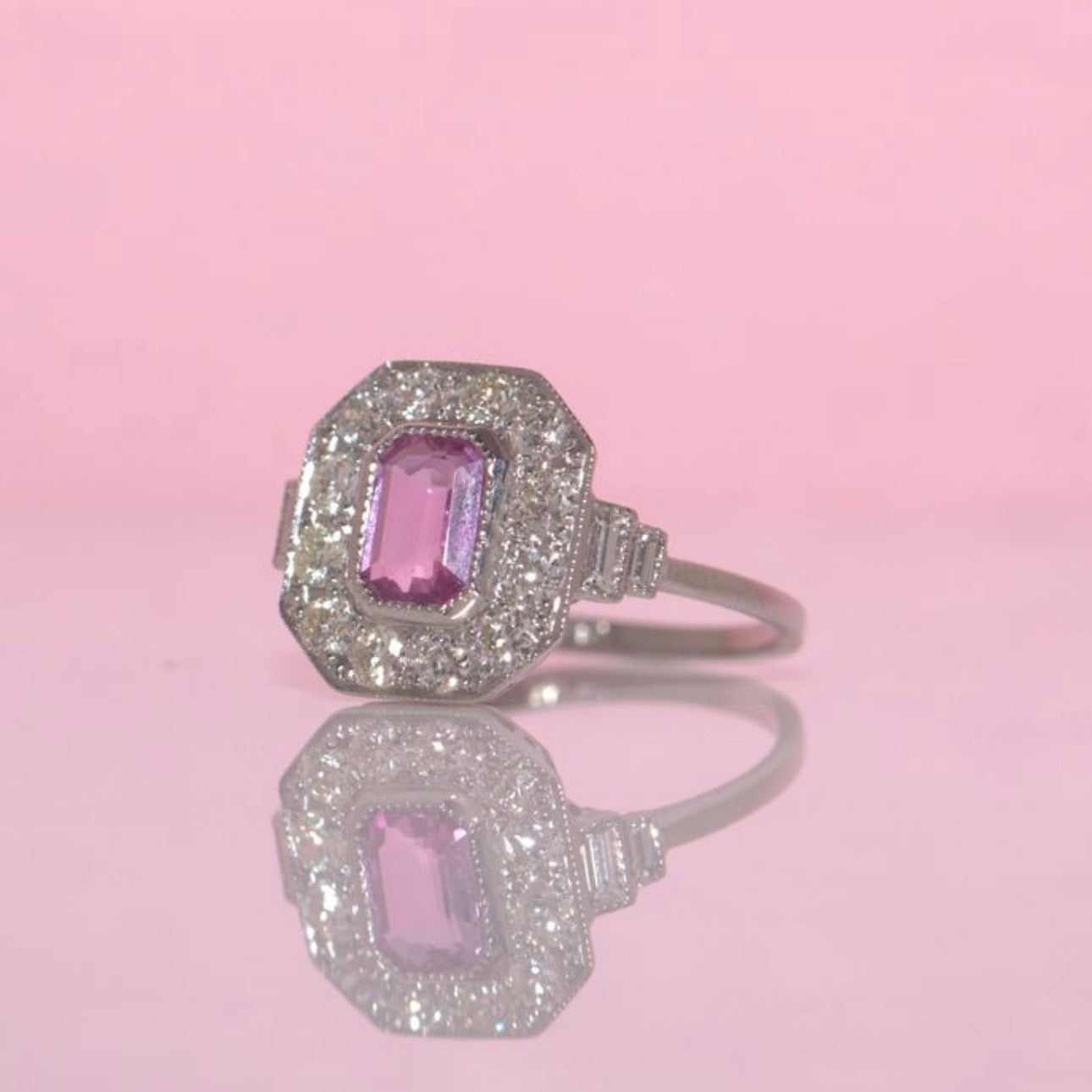 Platinum pink Sapphire and diamond ring