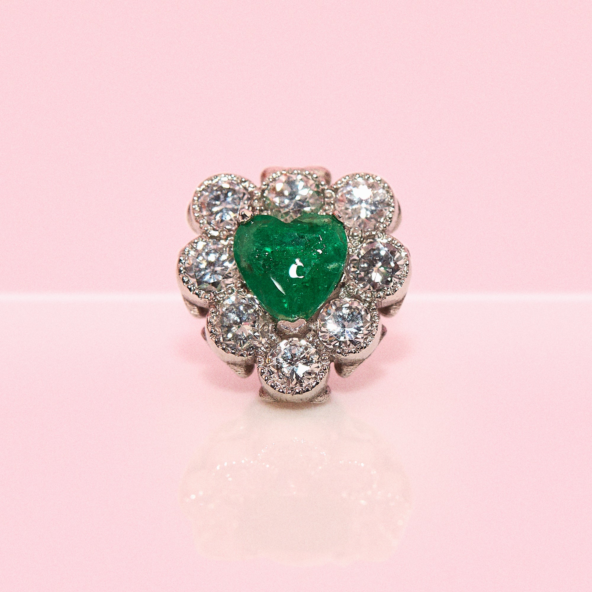 18ct gold heart-shaped emerald and diamond vintage earring conversion ring