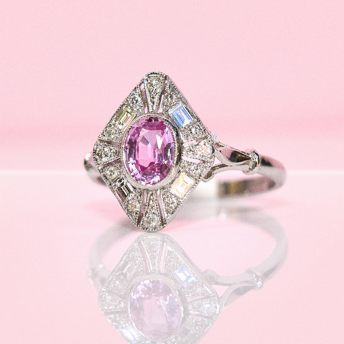 Vintage Platinum pink sapphire and diamond cluster ring