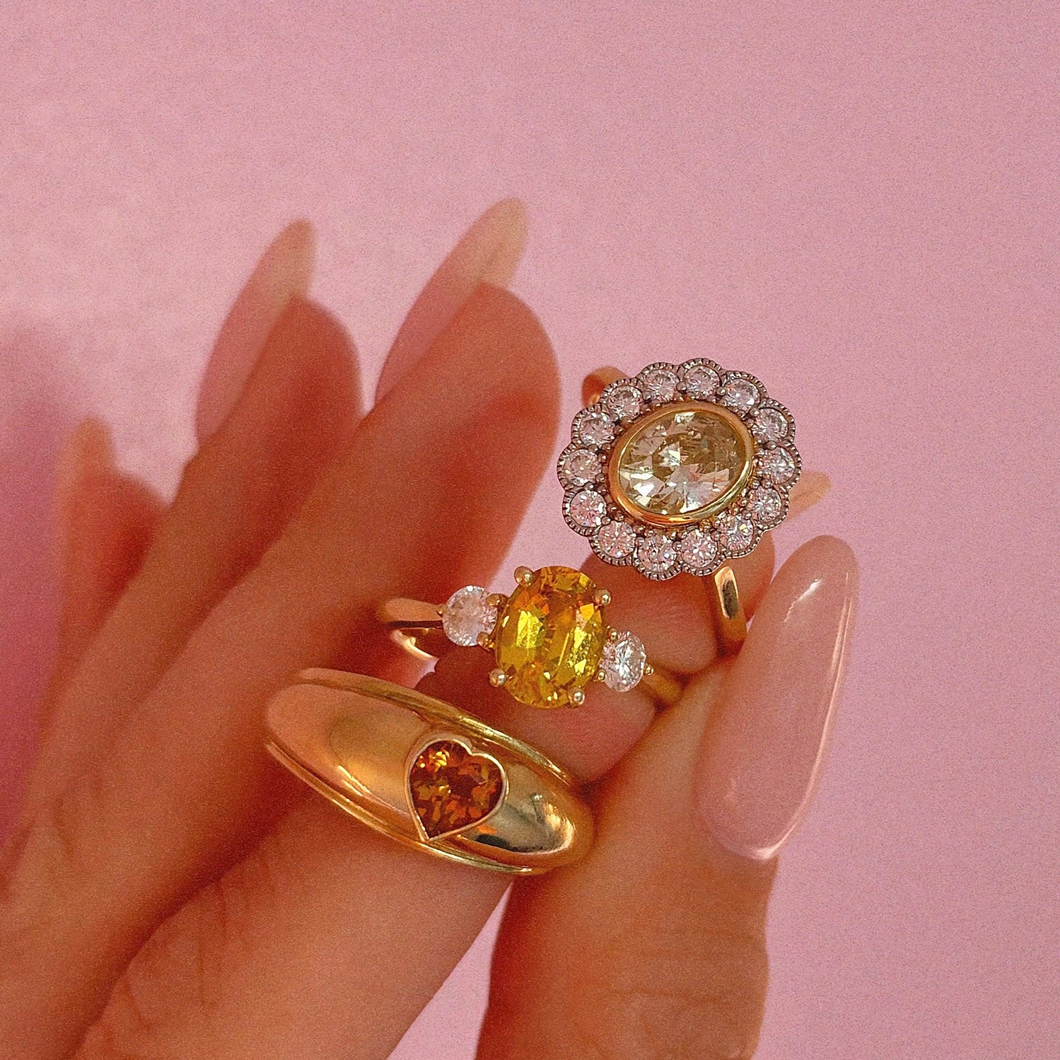 18ct gold yellow sapphire and diamond three stone ring (made to order)