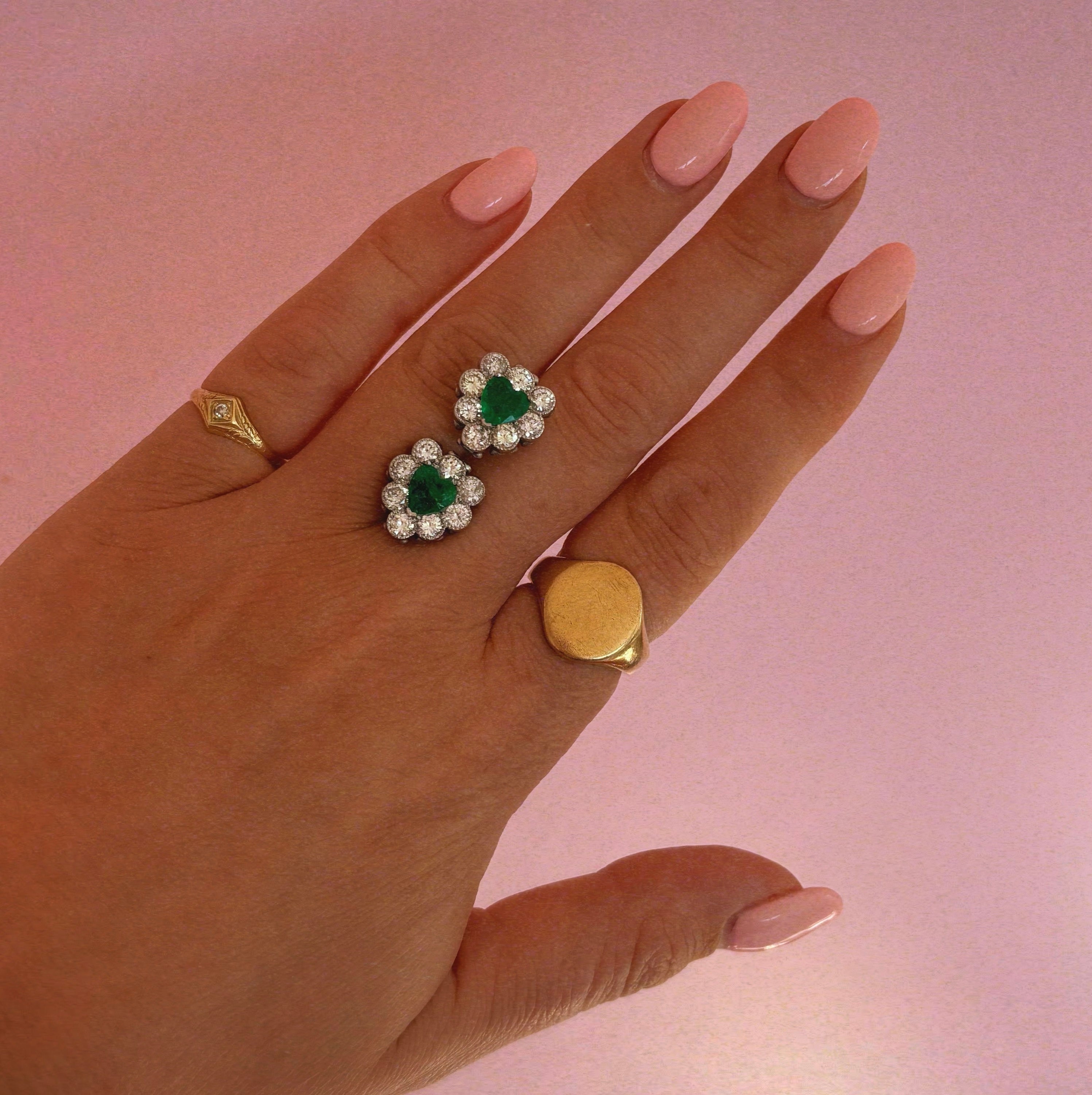 18ct gold heart-shaped emerald and diamond vintage earring conversion ring