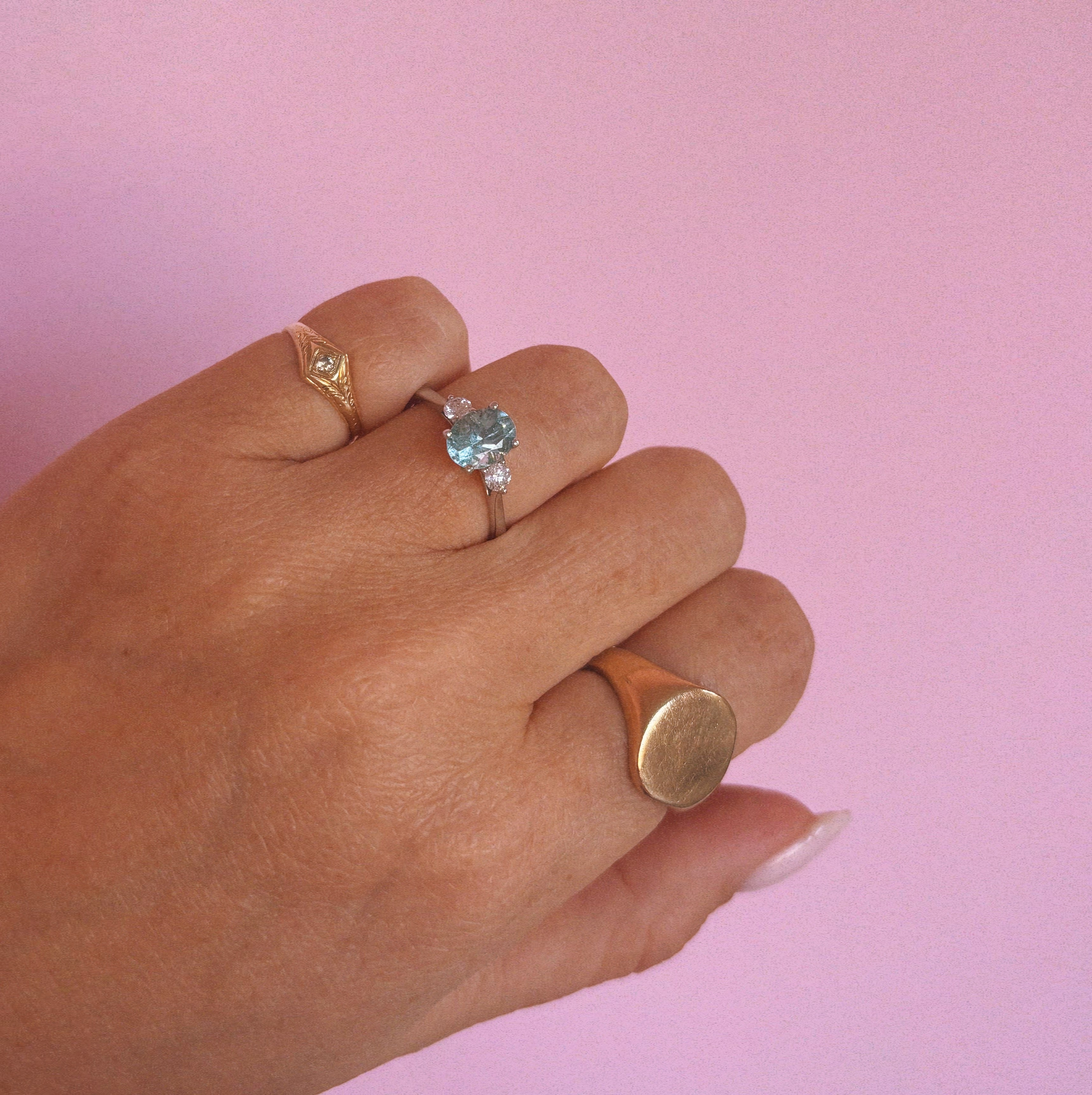 Platinum 1.08ct aquamarine and diamond three stone ring (made to order)