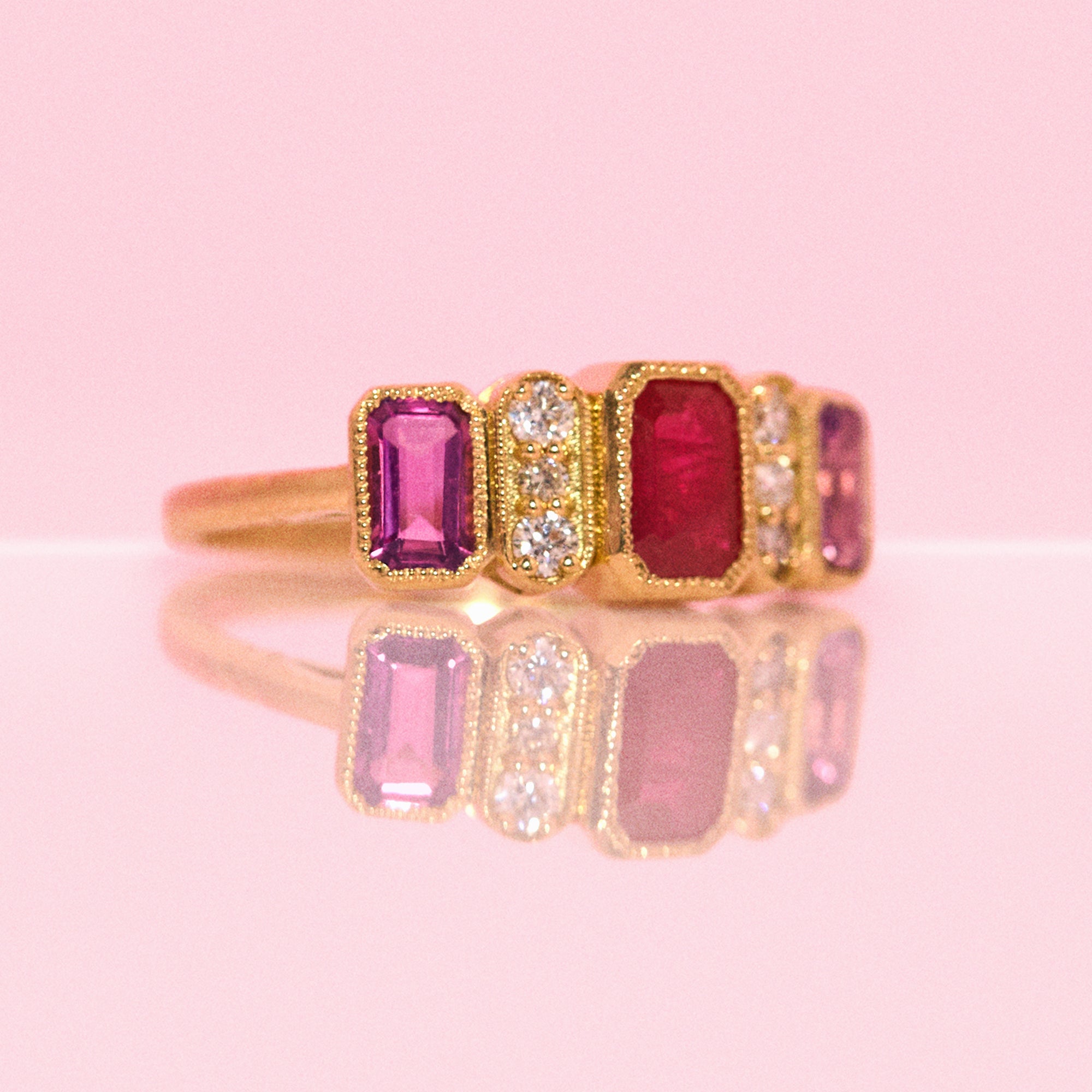 18ct gold ruby, pink sapphire and diamond ring