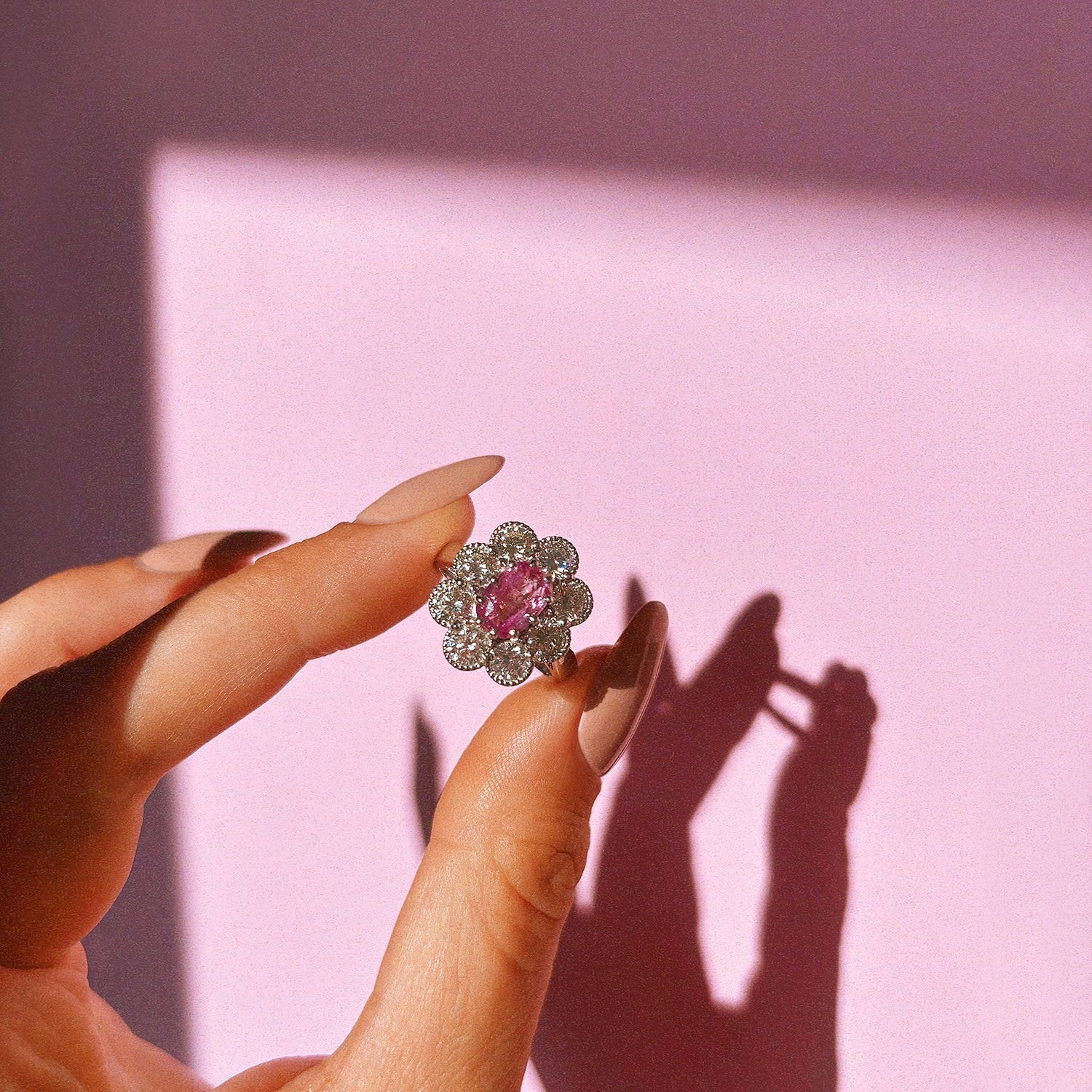 18ct white gold 1.84ct pink sapphire and diamond cluster ring