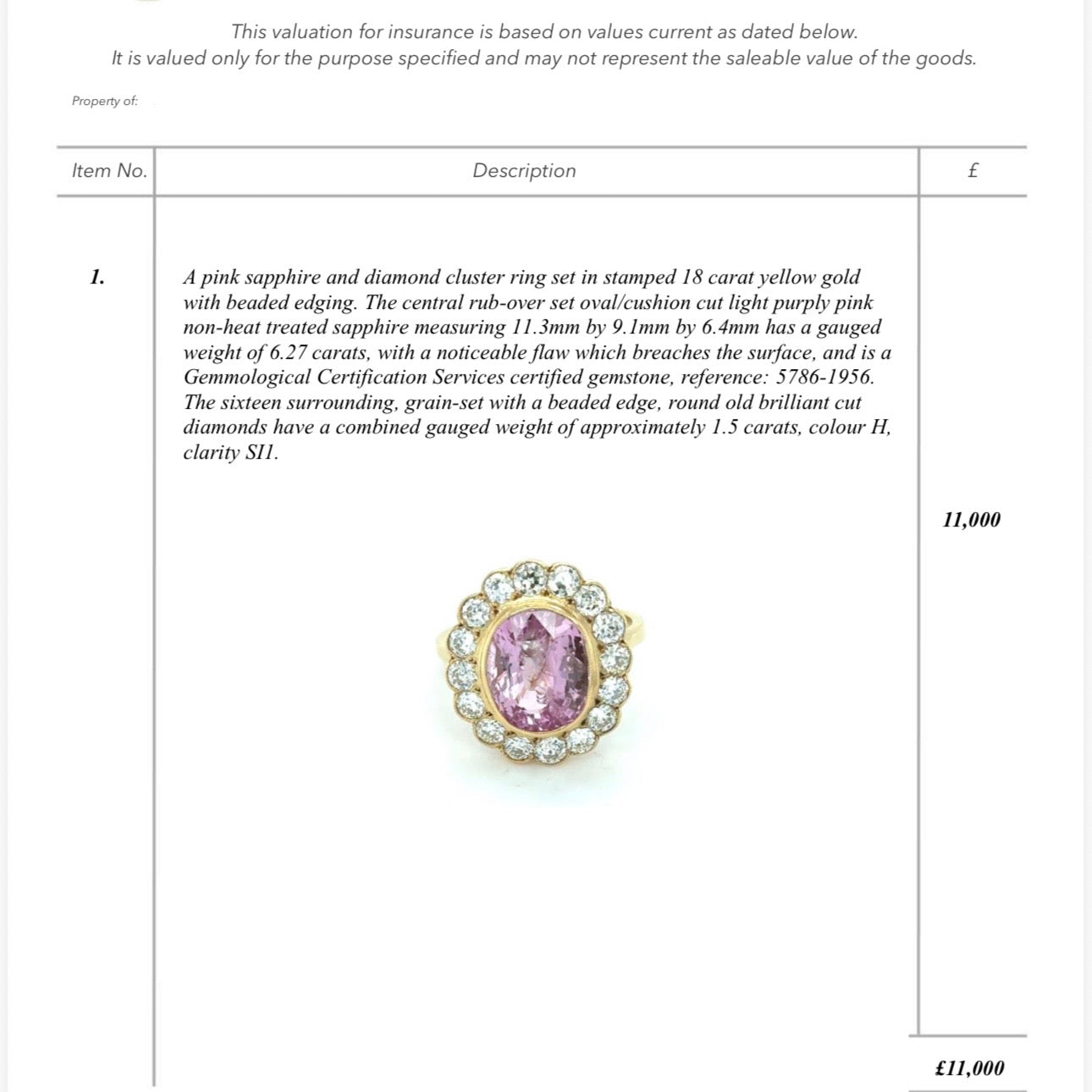 Vintage 18ct gold 6.27ct pink Ceylon cushion cut Sapphire and 1.50ct old cut diamond ring
