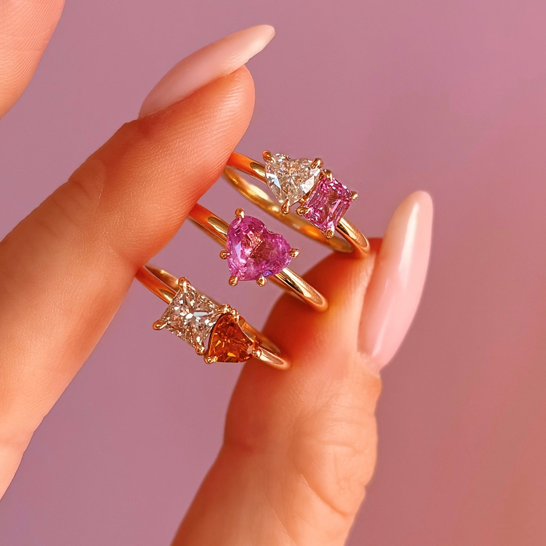 18ct gold ‘toi et moi’ 0.46ct heart-shaped diamond and 0.60ct pink sapphire ring (made to order)