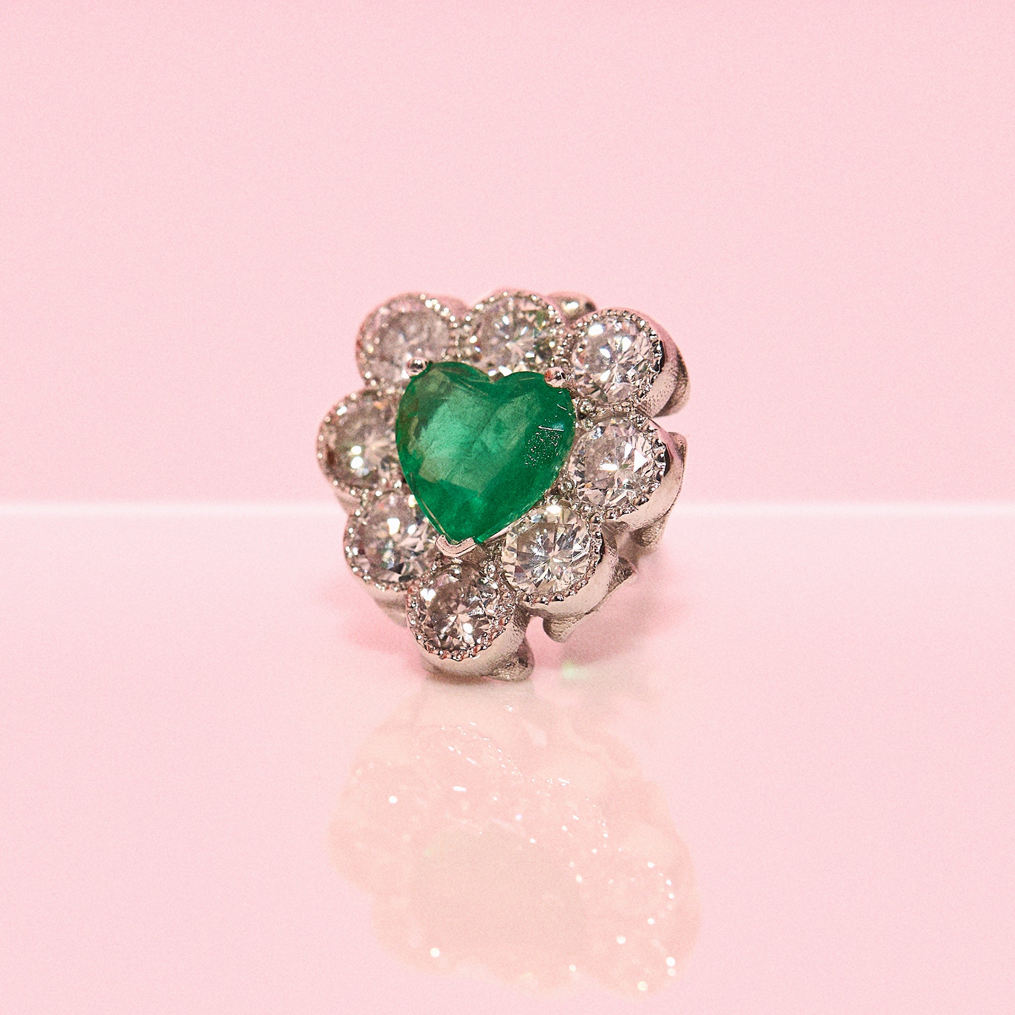 18ct gold heart-shaped emerald and diamond vintage earring conversion ring