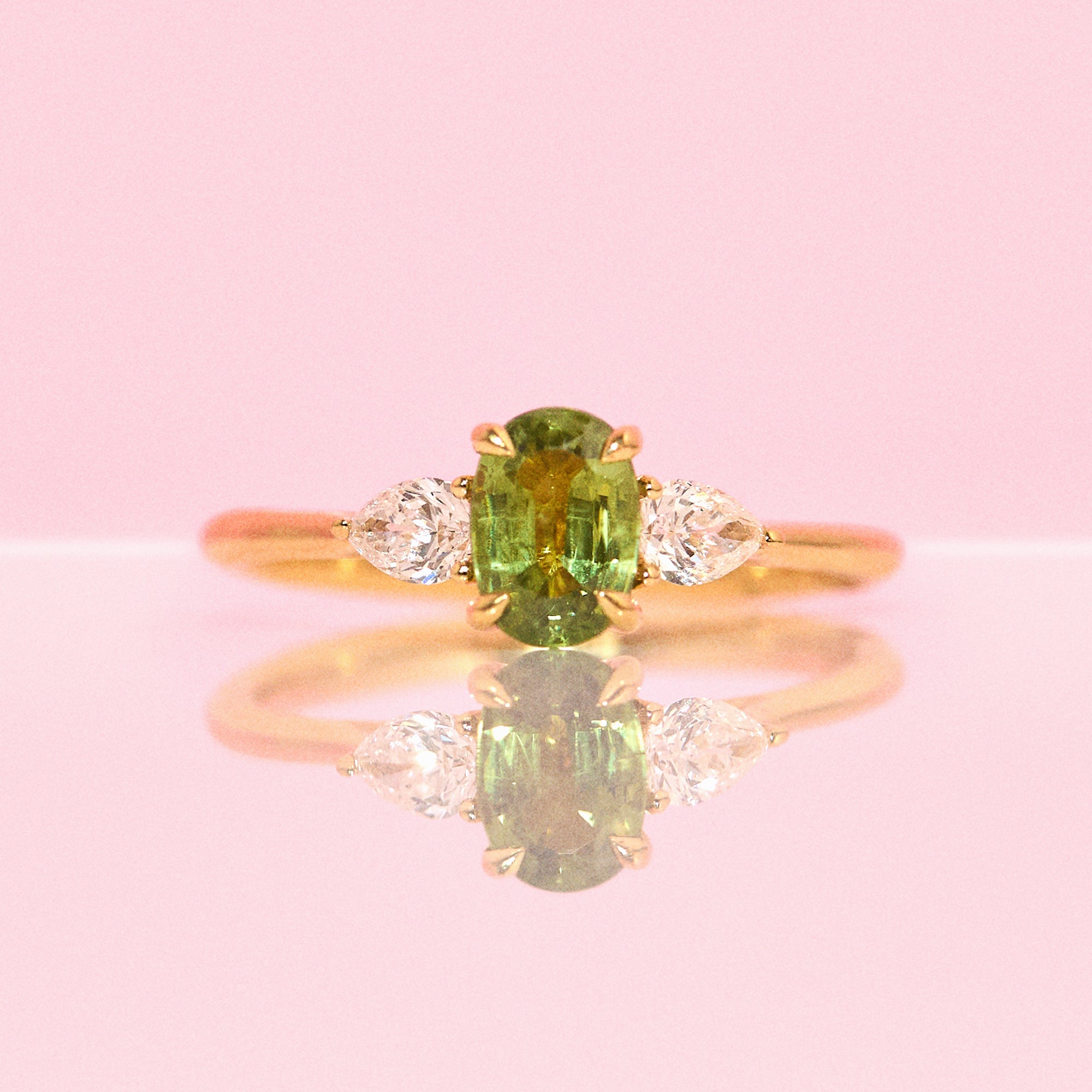 18ct gold 1.26ct green sapphire and diamond three stone ring (made to order)