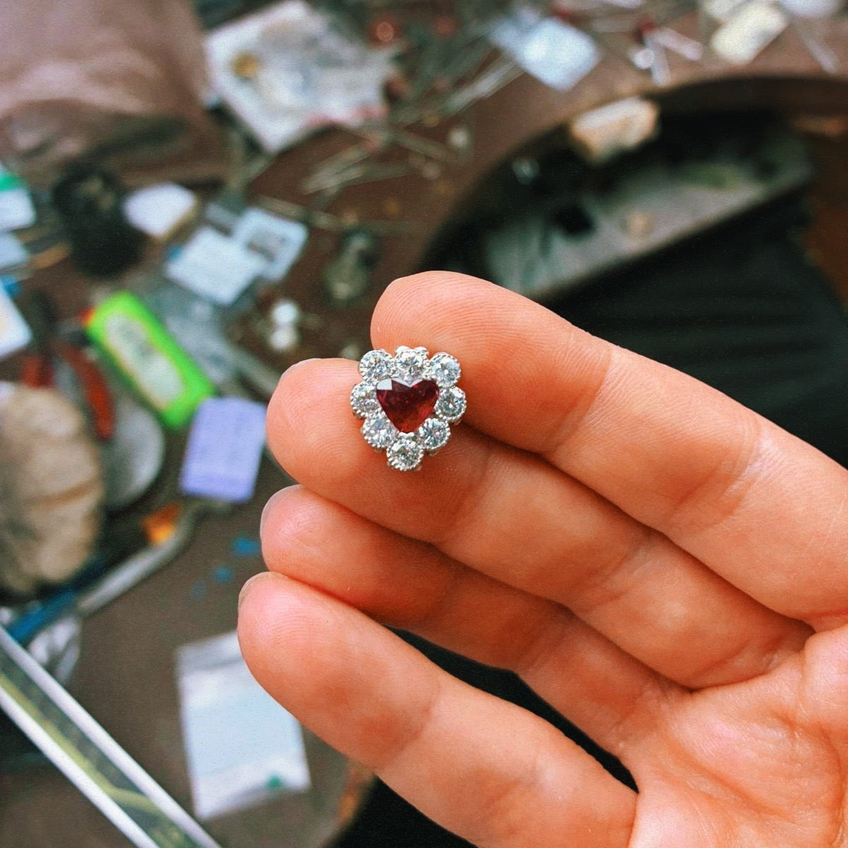 Platinum heart-shaped ruby and diamond vintage earring conversion ring