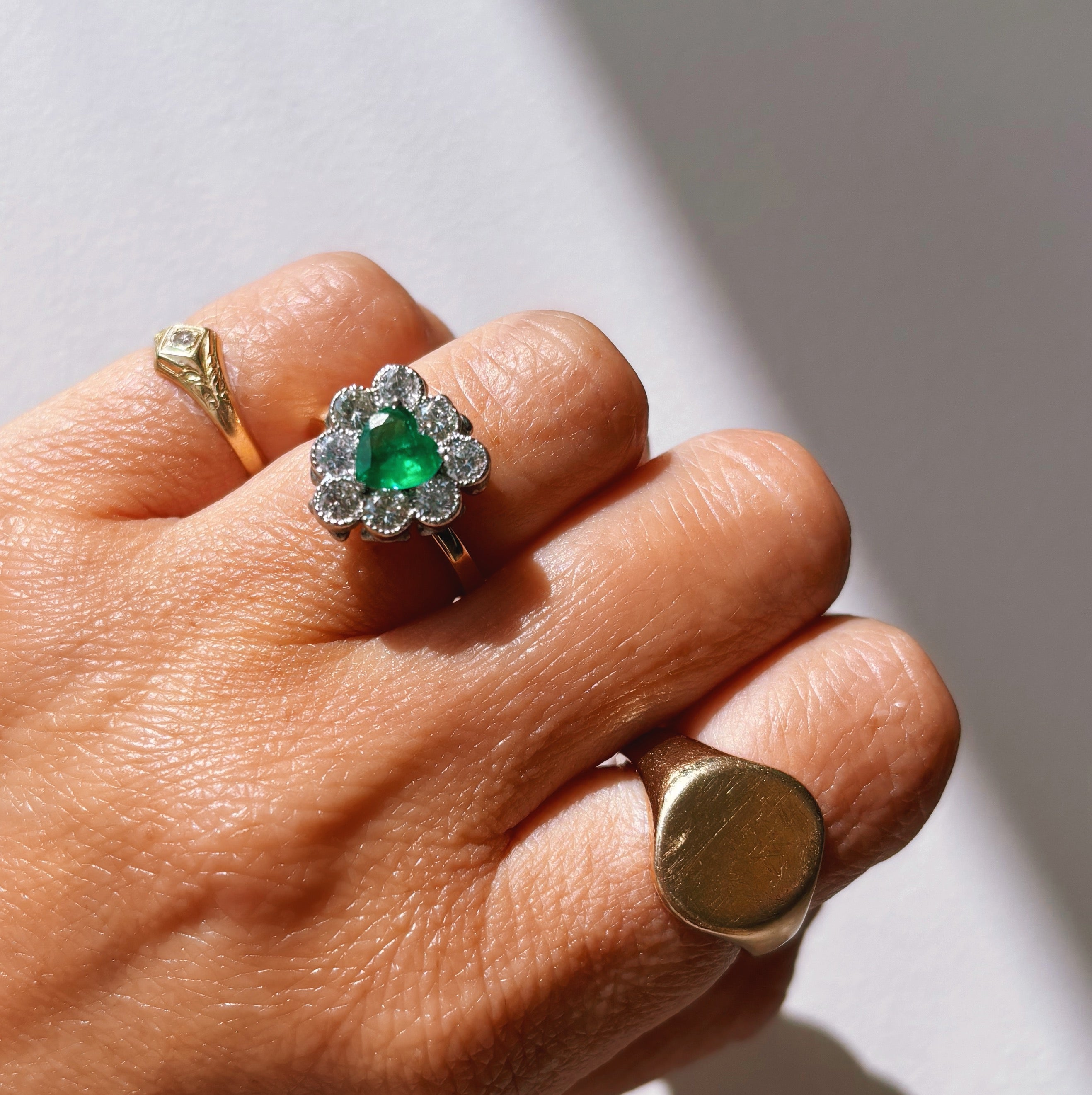 18ct gold heart-shaped emerald and diamond vintage earring conversion ring