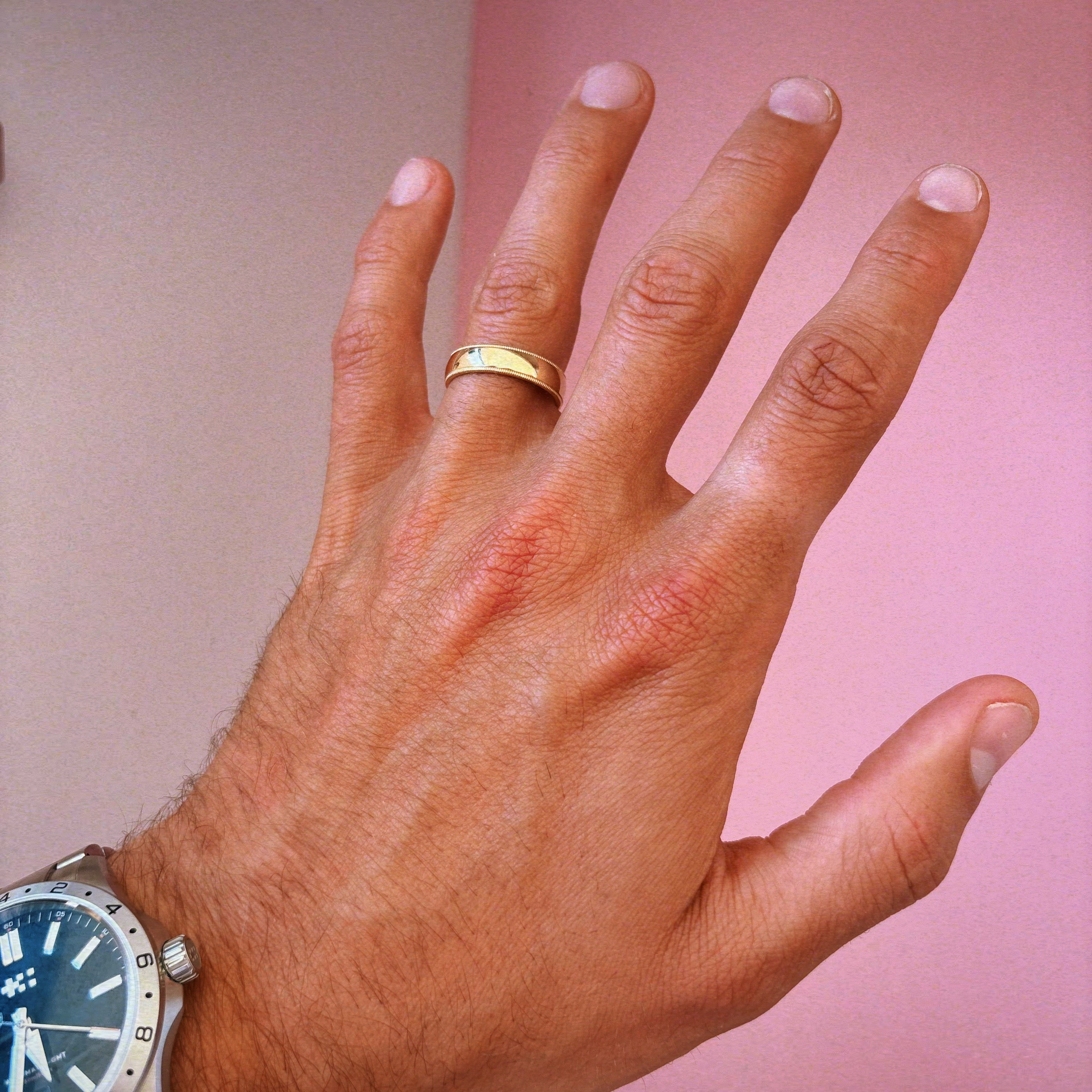 9ct gold mens beaded edge 5mm ring (made to order)