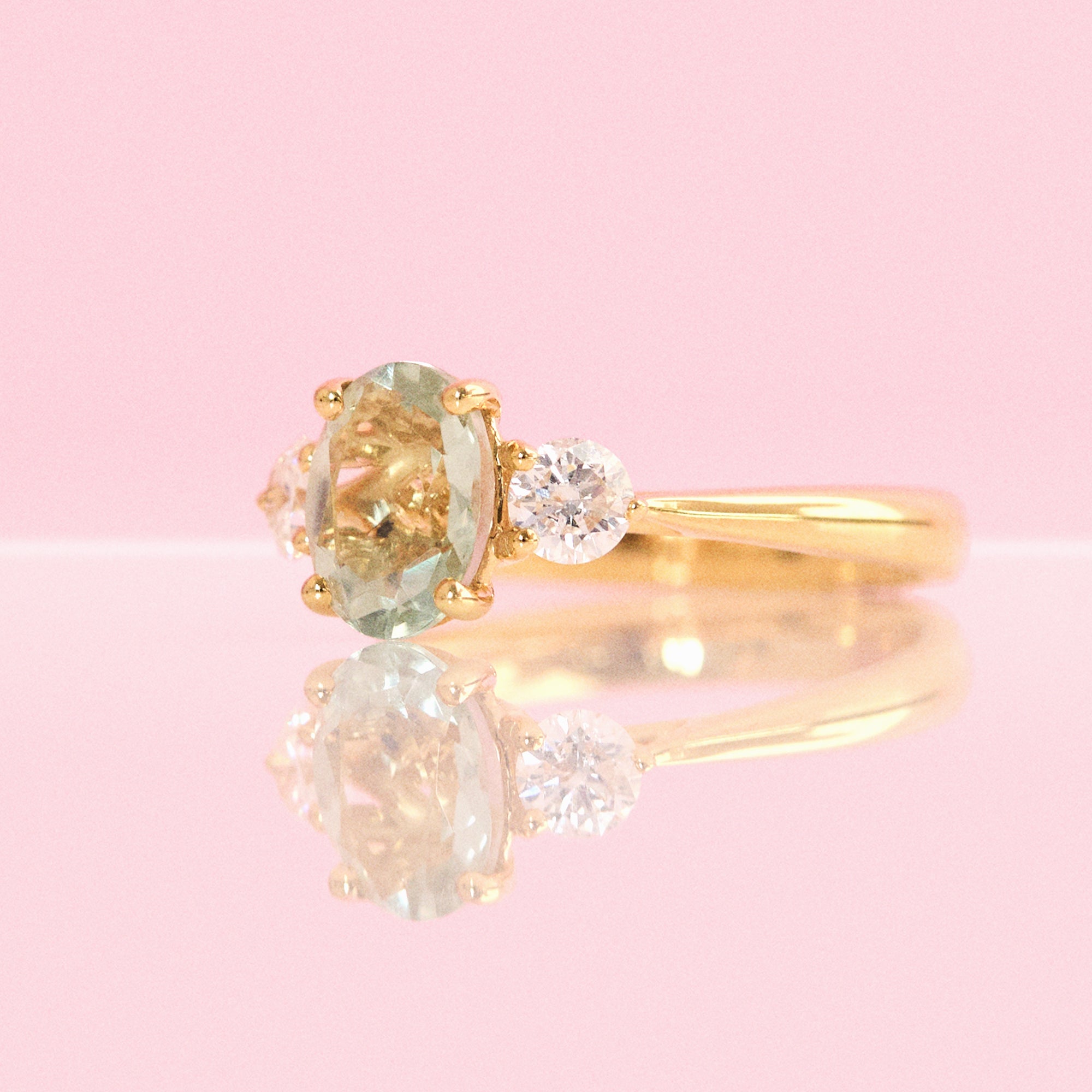 9ct gold green amethyst and diamond three stone ring (made to order)