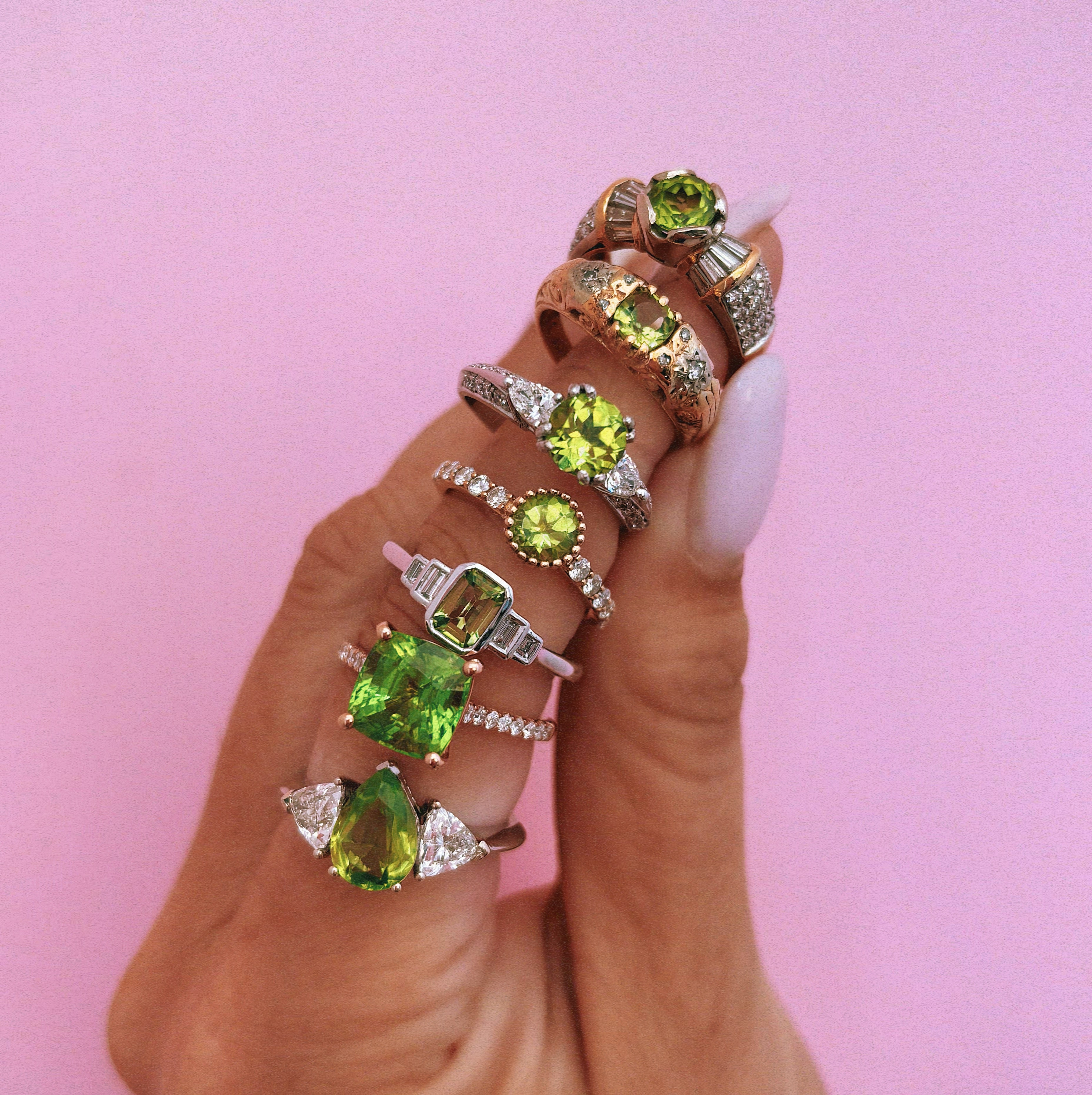 9ct white gold peridot and diamond five stone ring
