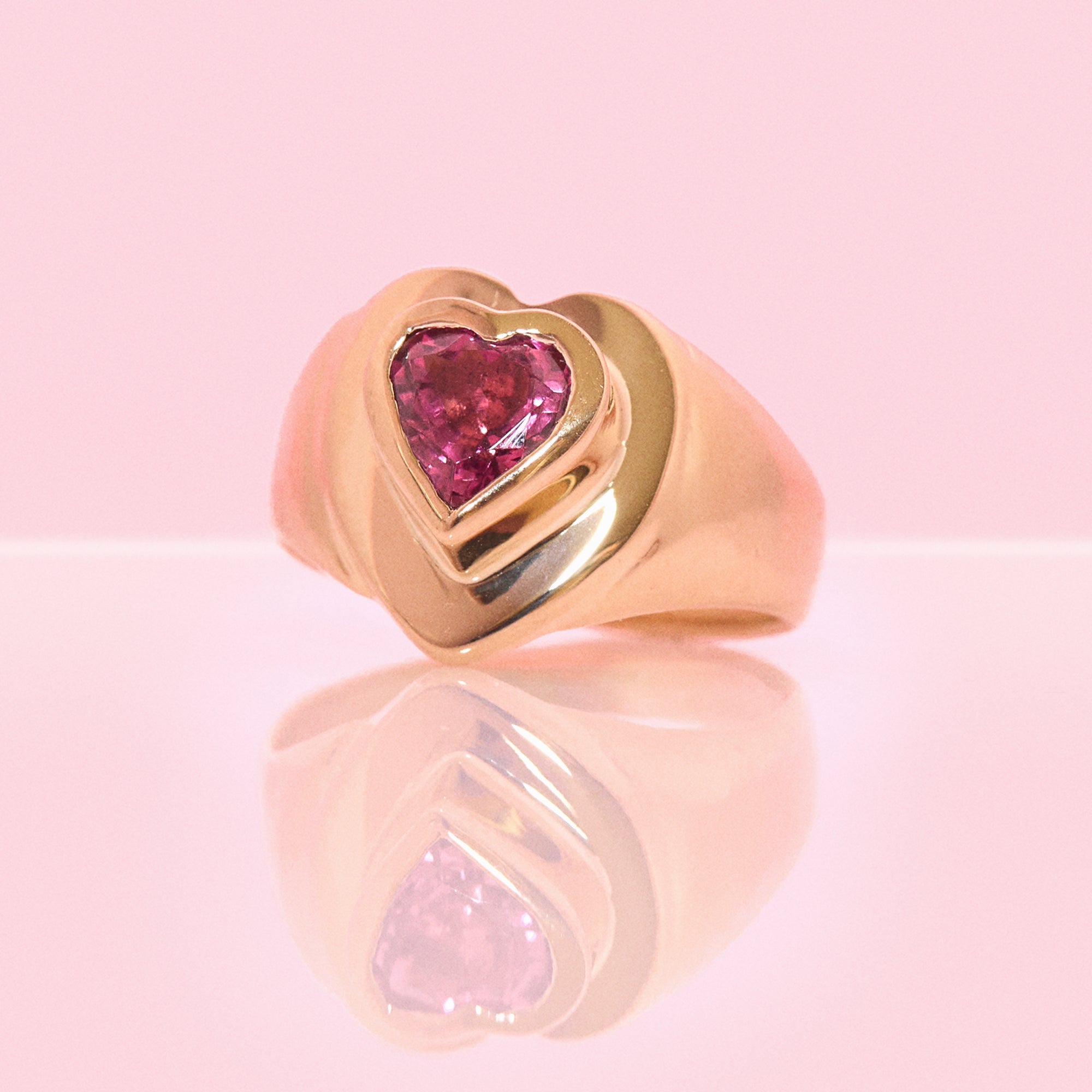 18ct gold heart shaped pink tourmaline antique pinky ring