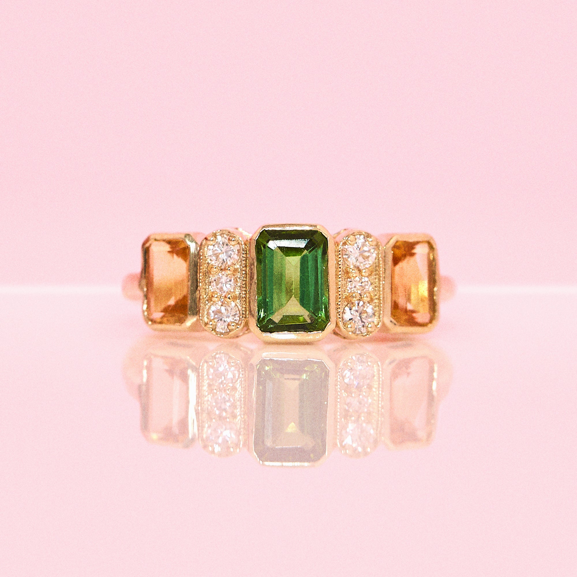 9ct gold green tourmaline, citrine and diamond ring (made to order)
