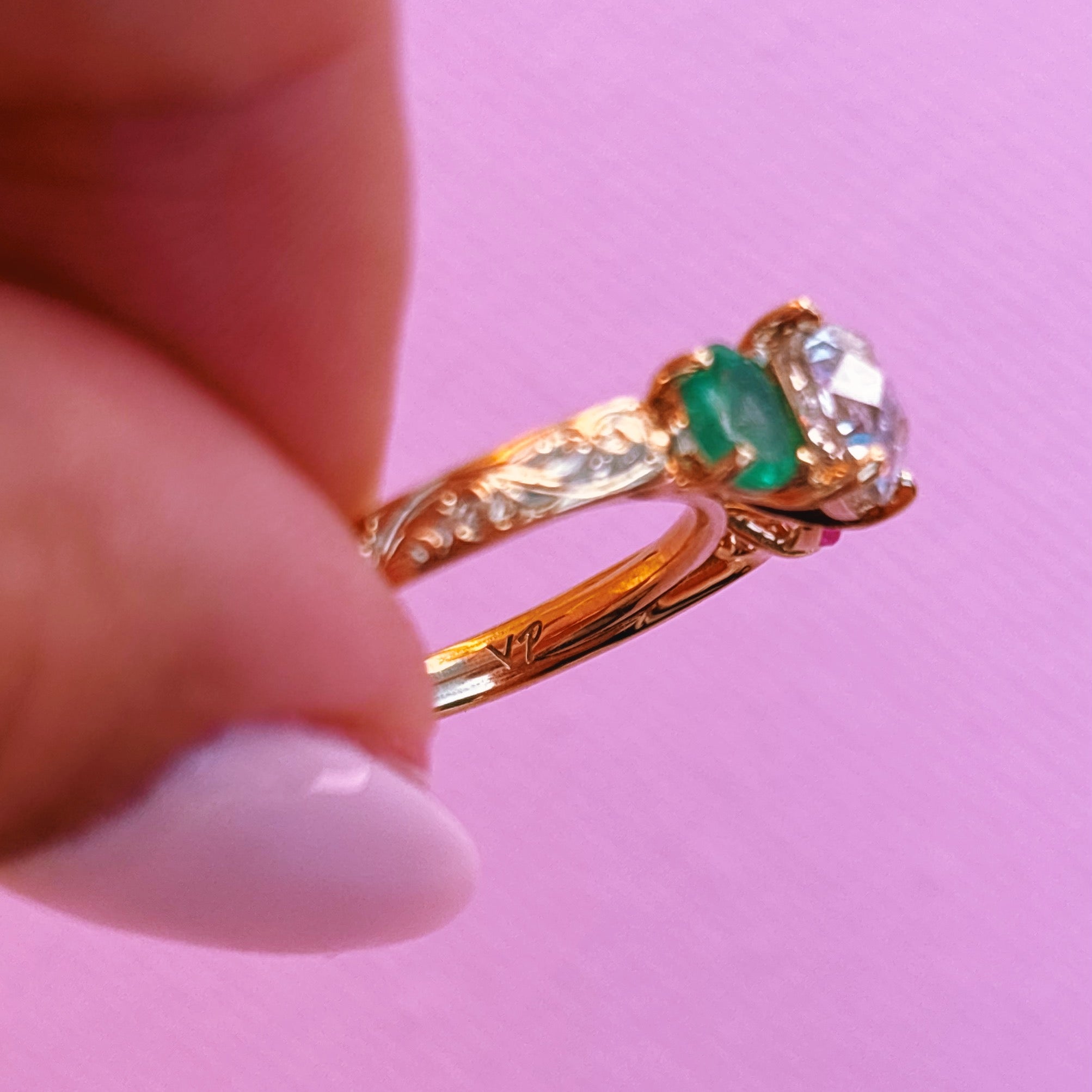 18ct yellow gold 1.569ct old cut vintage diamond, emerald and pink sapphire ‘Two Become One’ engraved ring