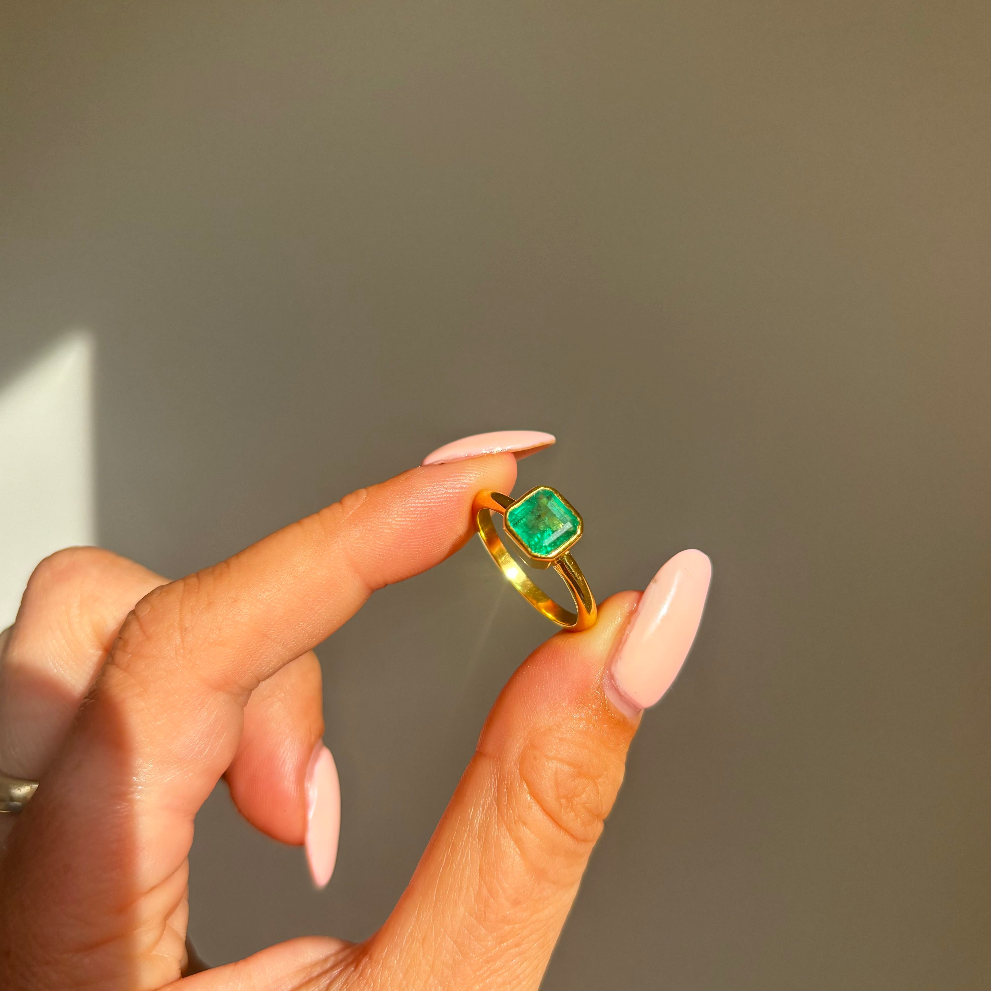 14ct gold bezel-set, asscher cut emerald ring (made to order)