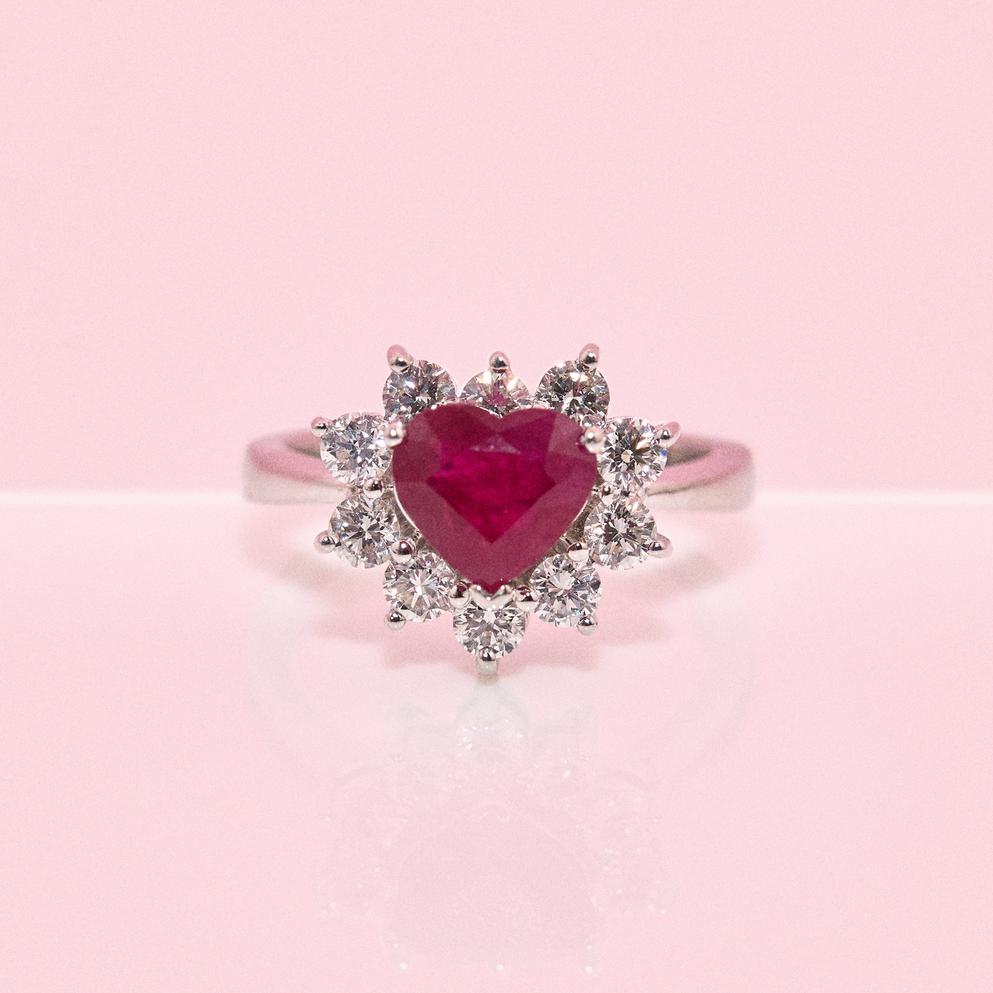 18ct white gold 1.61ct heart-shaped ruby and diamond cluster ring