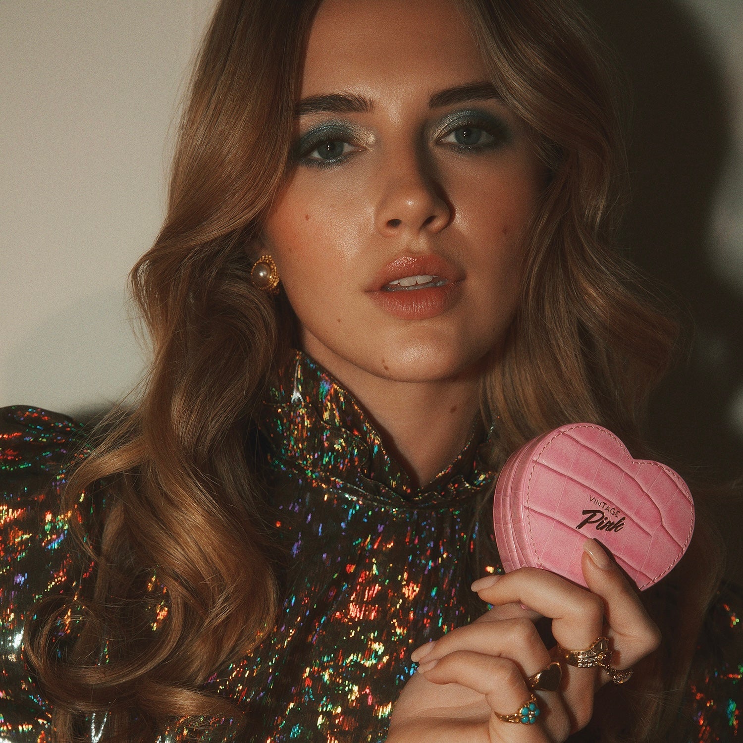 Heart-shaped pink faux croc and red velvet jewellery box